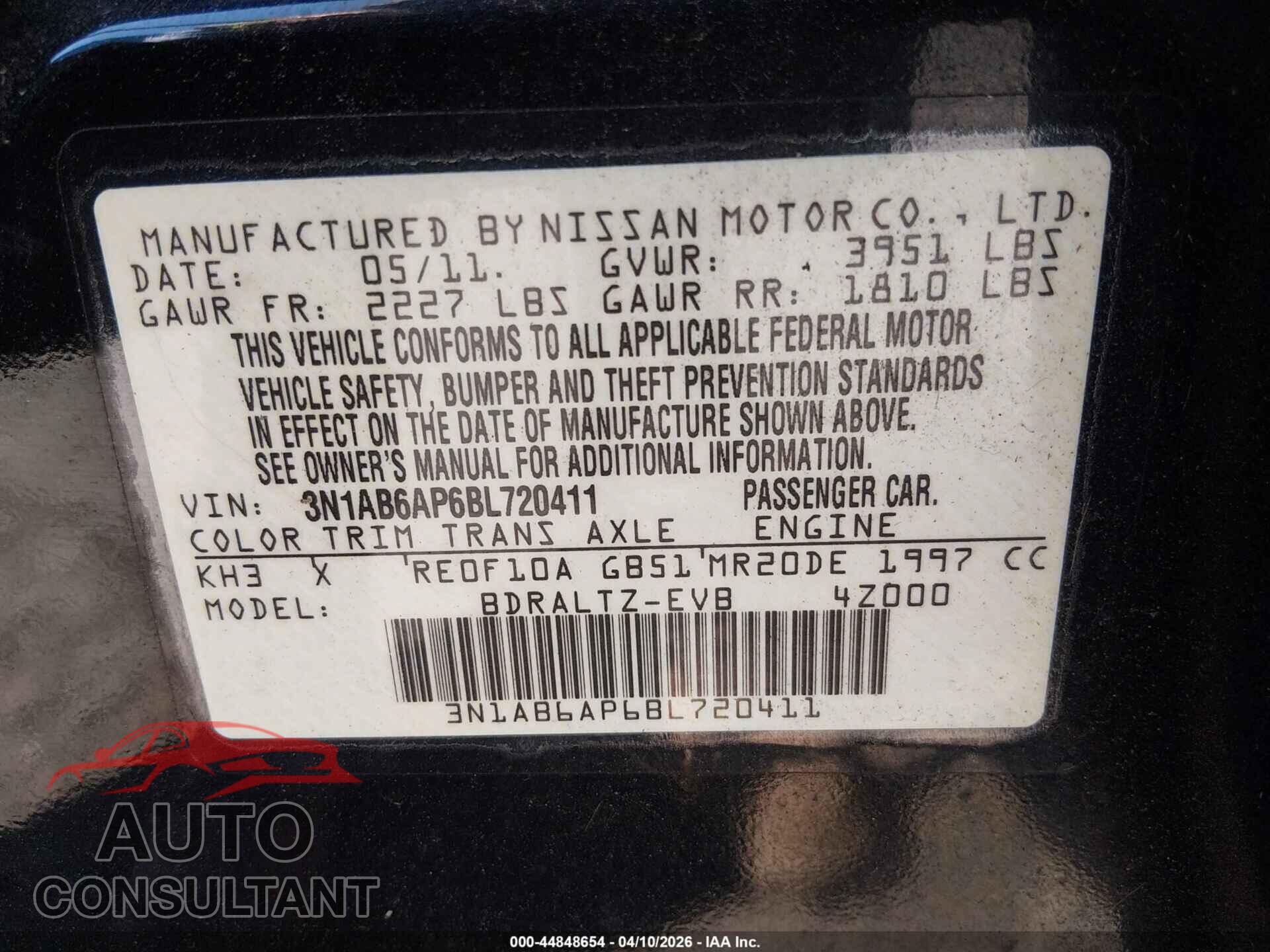 NISSAN SENTRA 2011 - 3N1AB6AP6BL720411