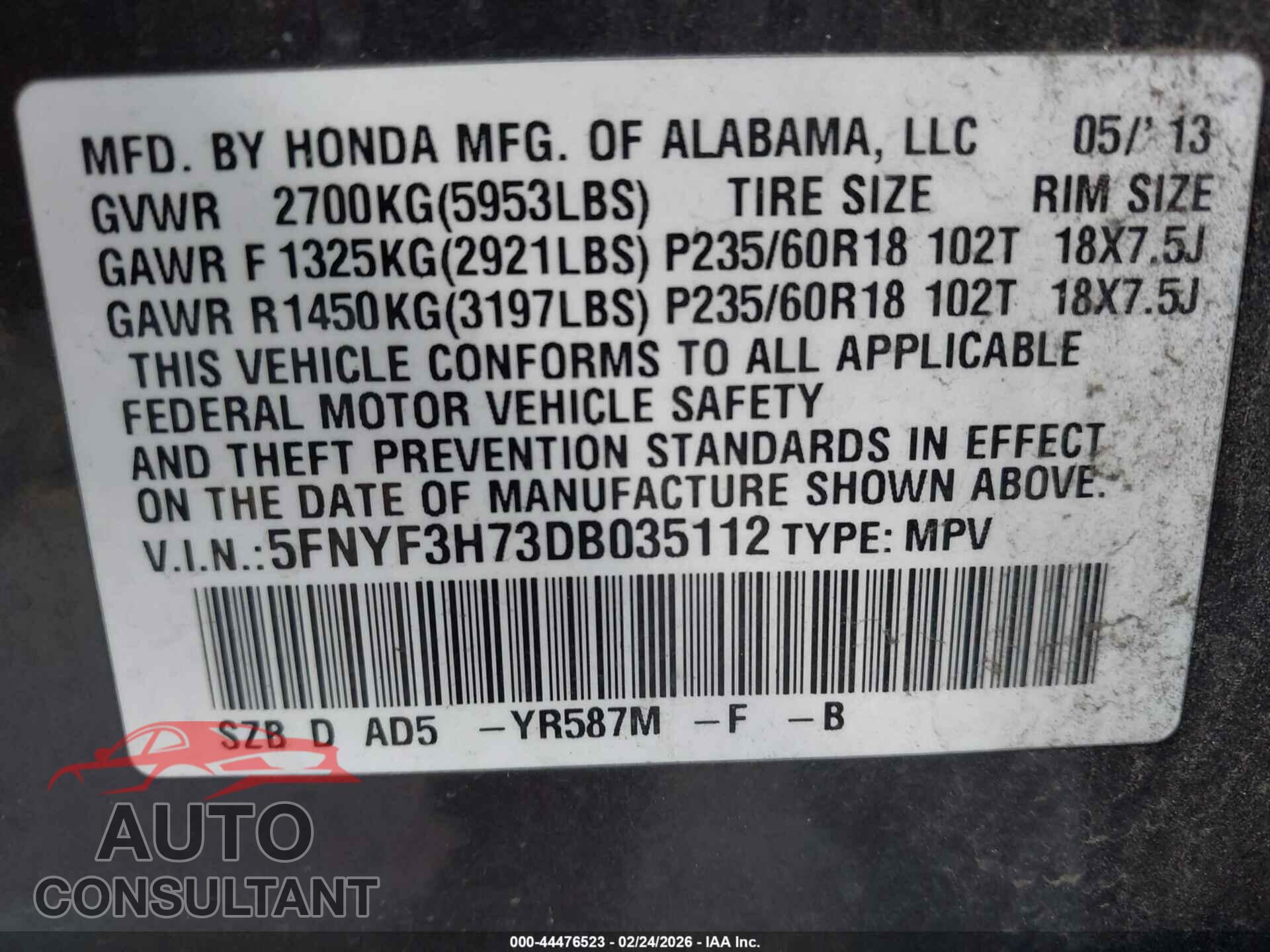 HONDA PILOT 2013 - 5FNYF3H73DB035112