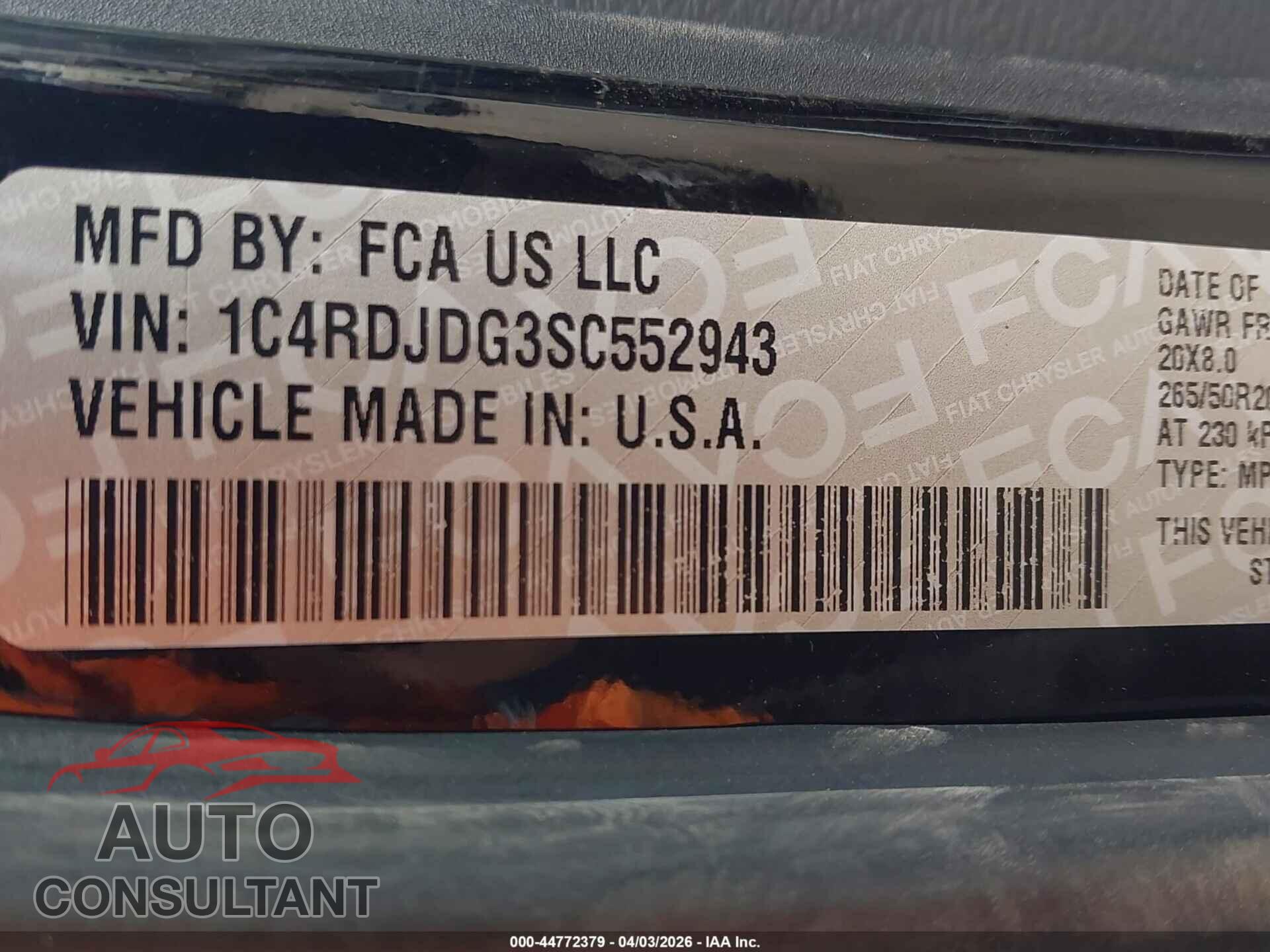 DODGE DURANGO 2025 - 1C4RDJDG3SC552943