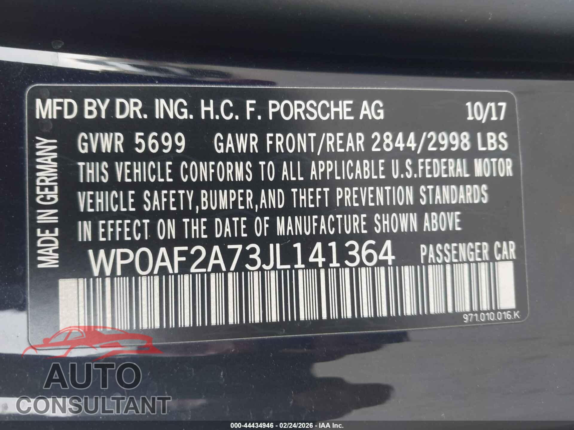 PORSCHE PANAMERA 2018 - WP0AF2A73JL141364