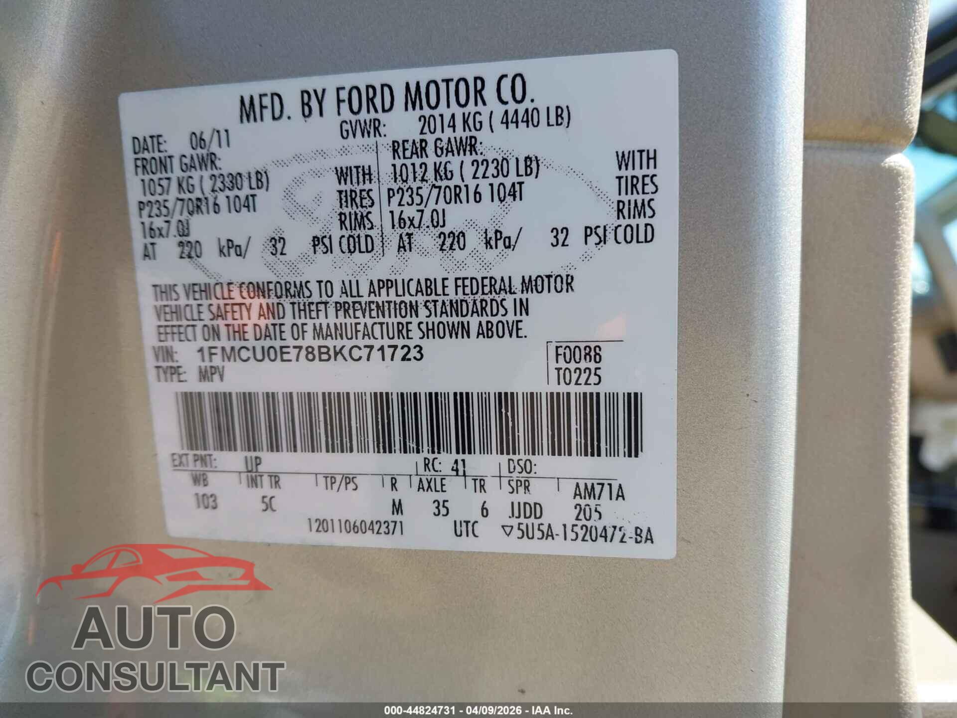 FORD ESCAPE 2011 - 1FMCU0E78BKC71723