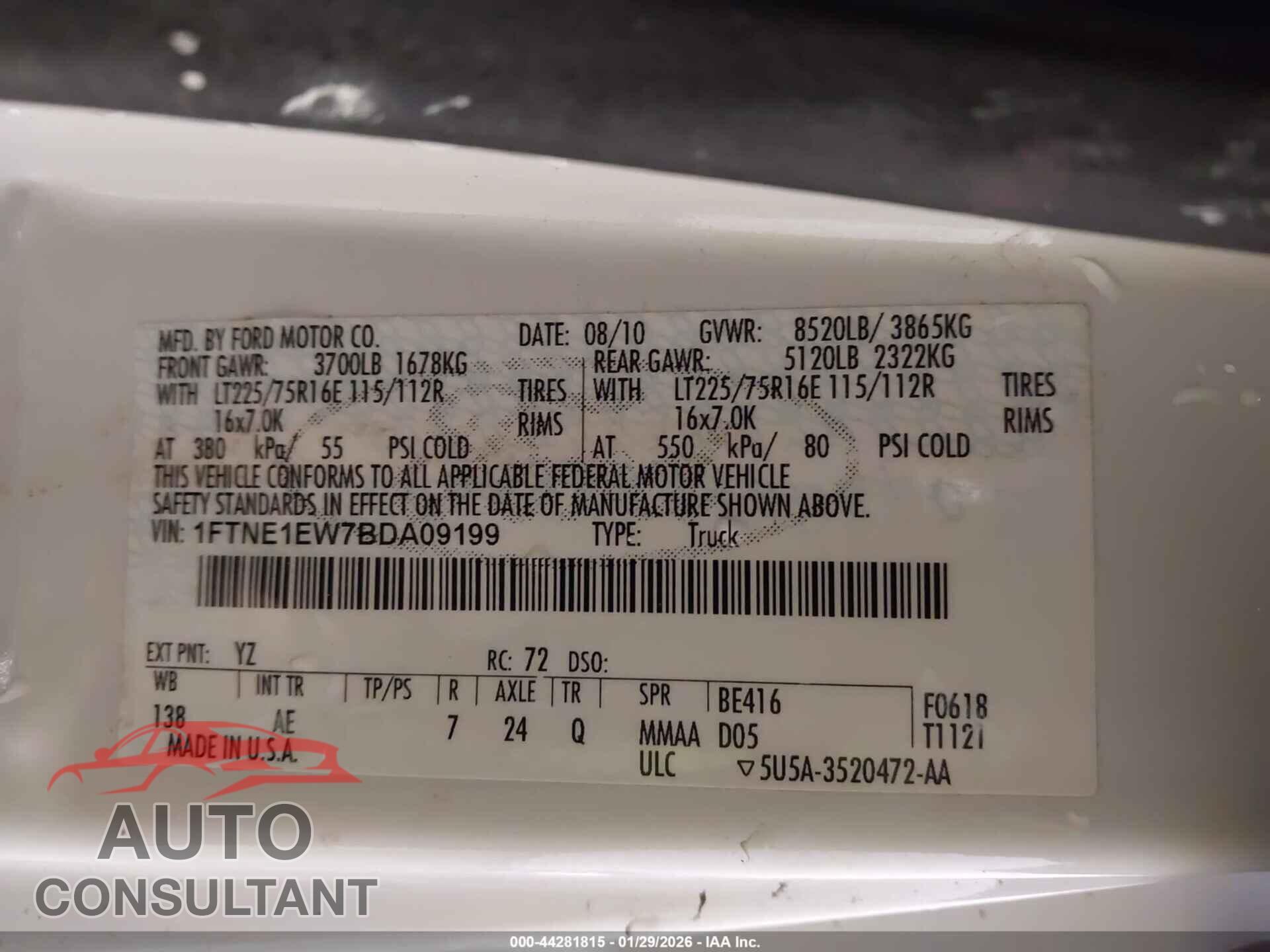 FORD E-150 2011 - 1FTNE1EW7BDA09199