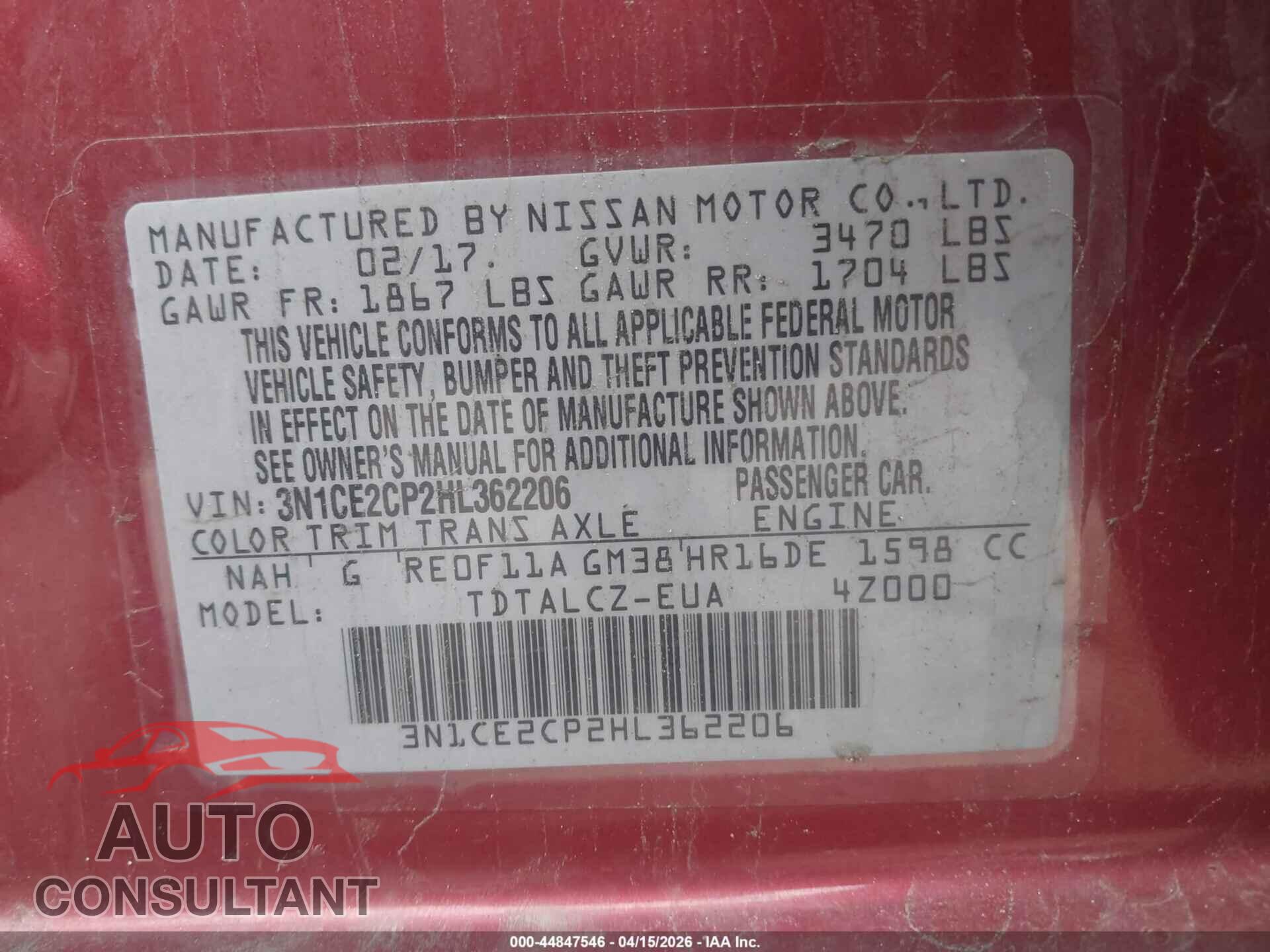 NISSAN VERSA NOTE 2017 - 3N1CE2CP2HL362206