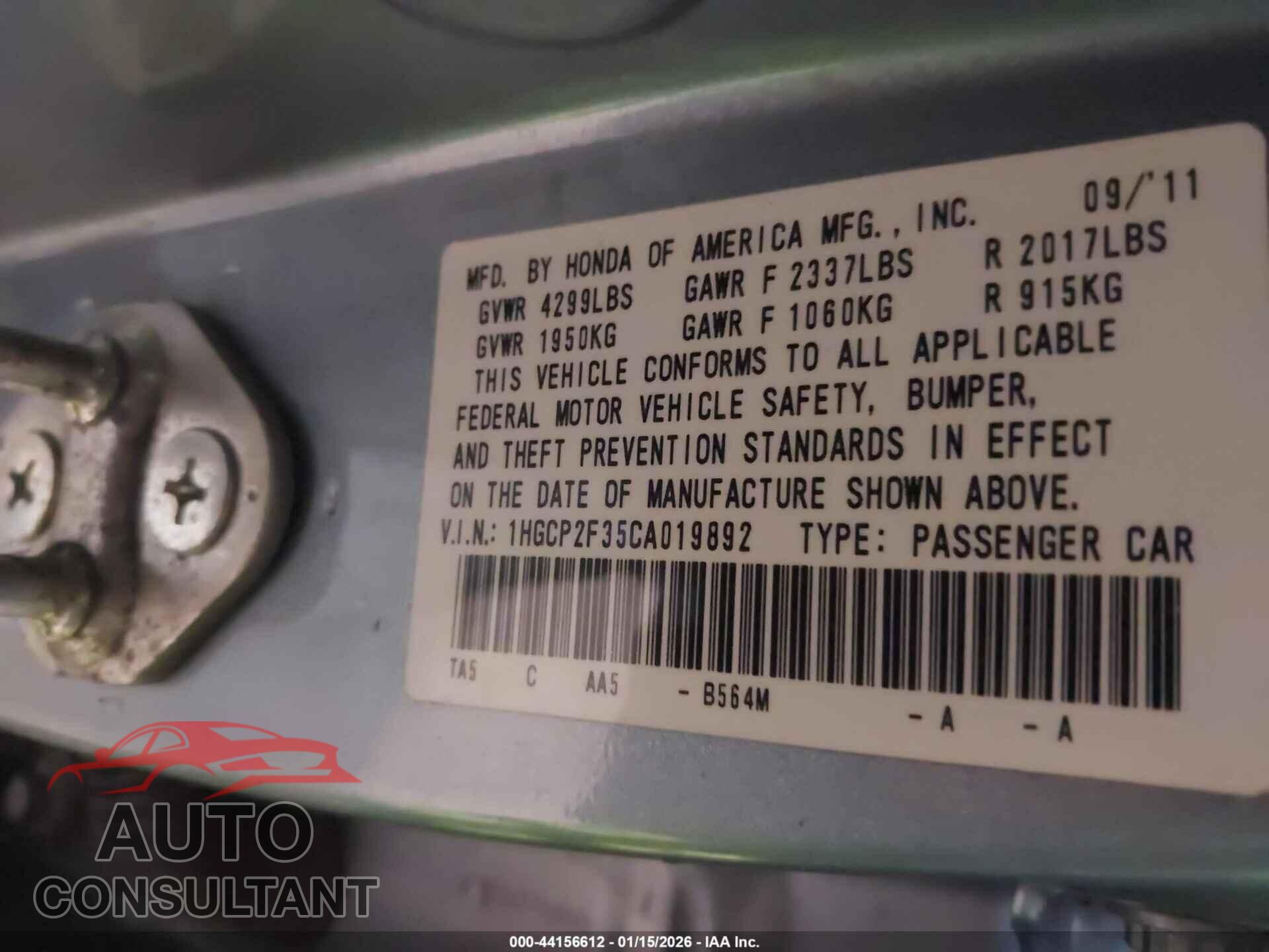 HONDA ACCORD 2012 - 1HGCP2F35CA019892