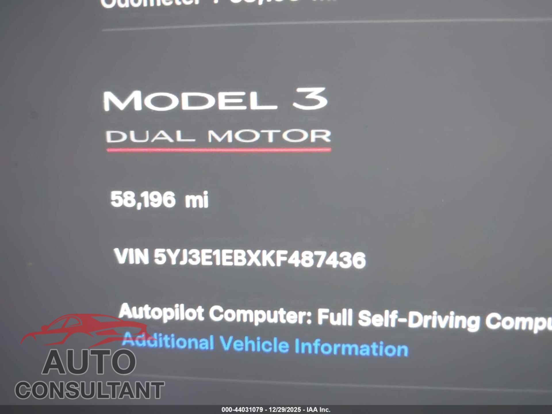 TESLA MODEL 3 2019 - 5YJ3E1EBXKF487436