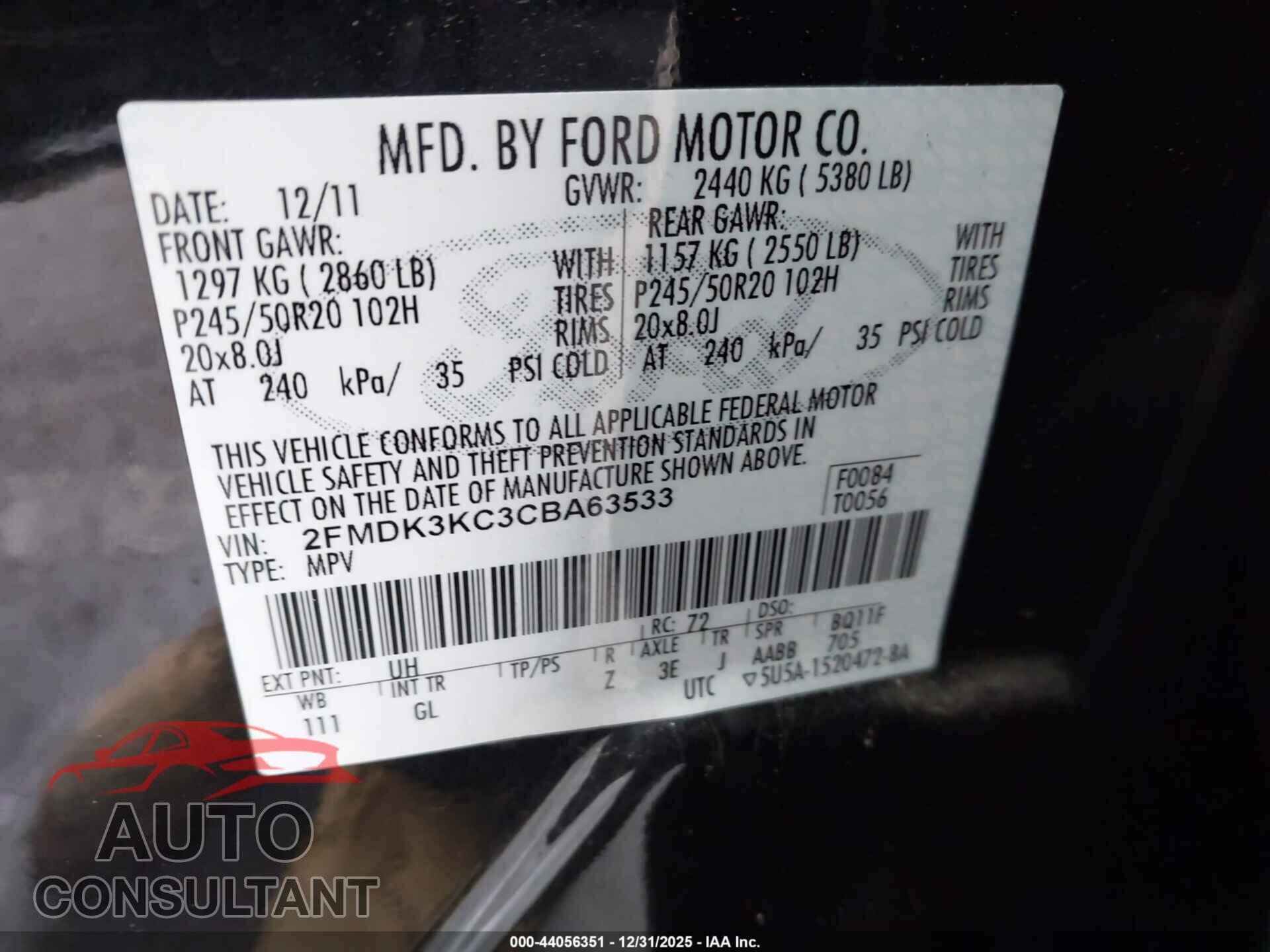 FORD EDGE 2012 - 2FMDK3KC3CBA63533