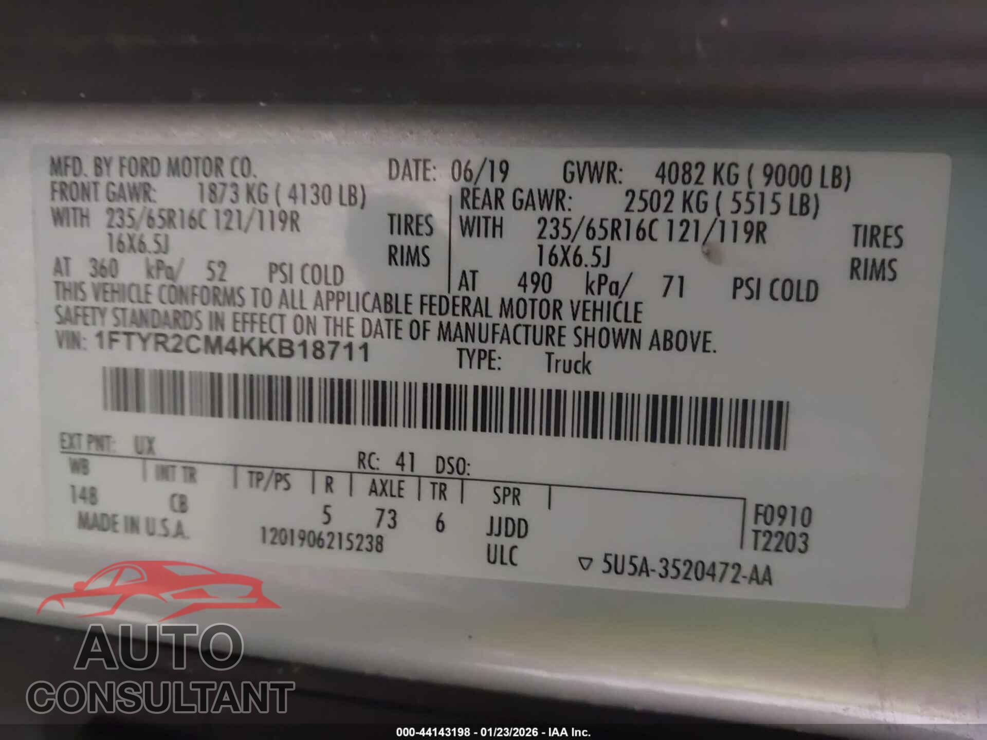 FORD TRANSIT-250 2019 - 1FTYR2CM4KKB18711