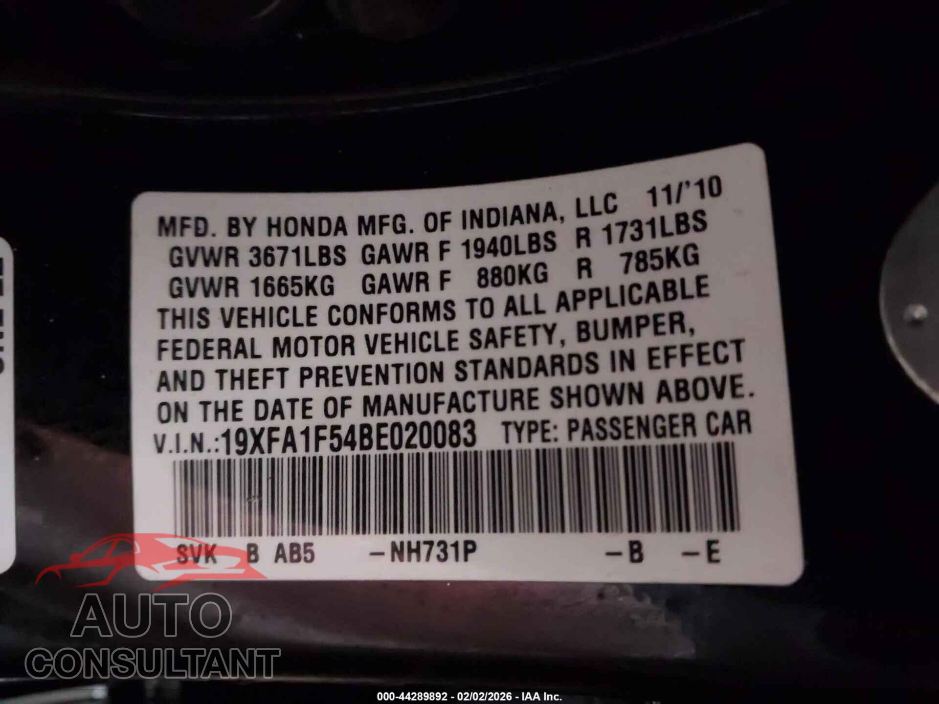 HONDA CIVIC 2011 - 19XFA1F54BE020083