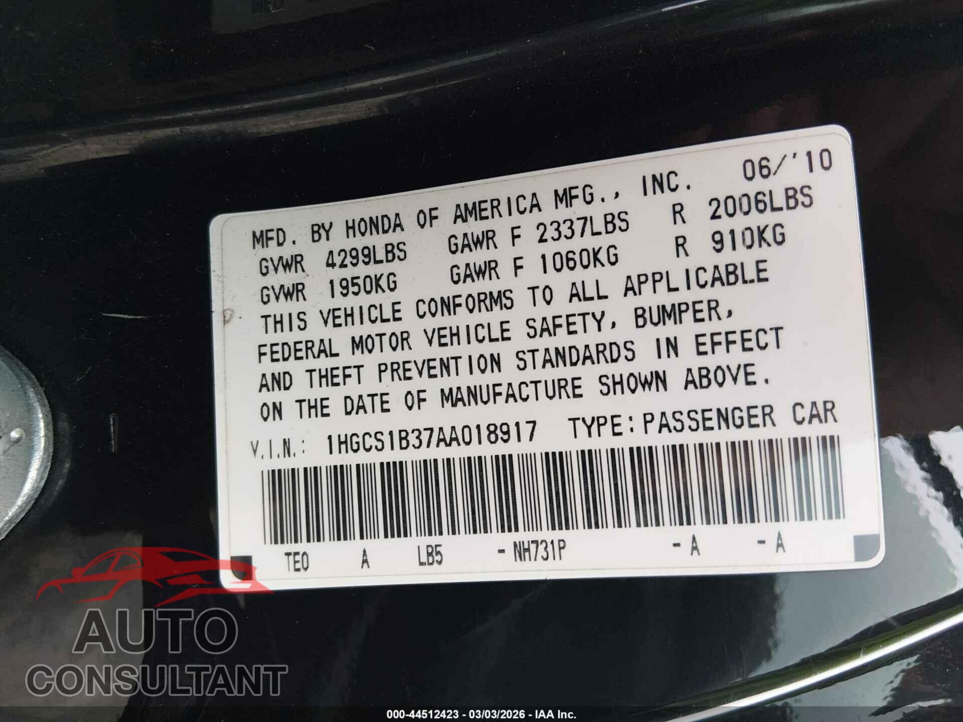 HONDA ACCORD 2010 - 1HGCS1B37AA018917