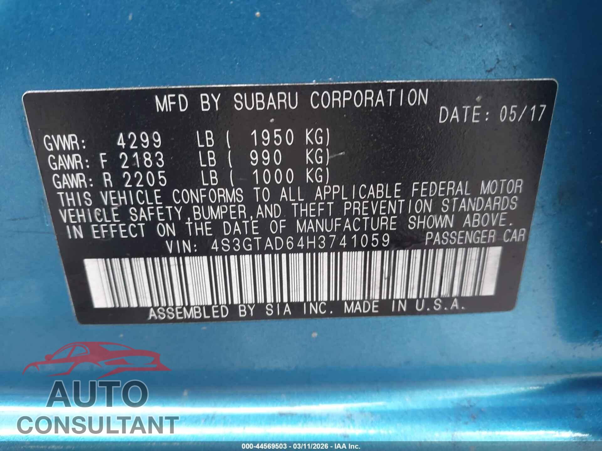 SUBARU IMPREZA 2017 - 4S3GTAD64H3741059