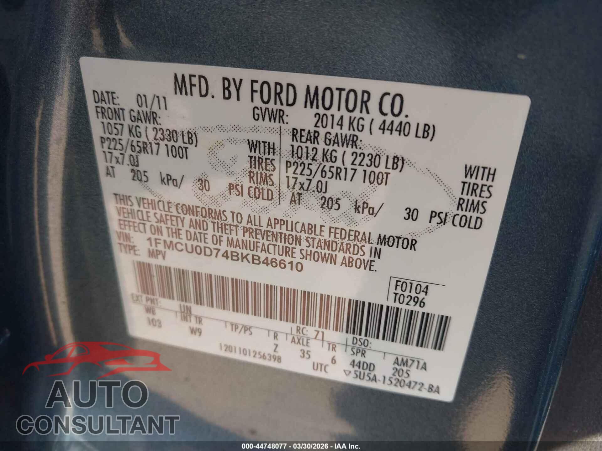 FORD ESCAPE 2011 - 1FMCU0D74BKB46610