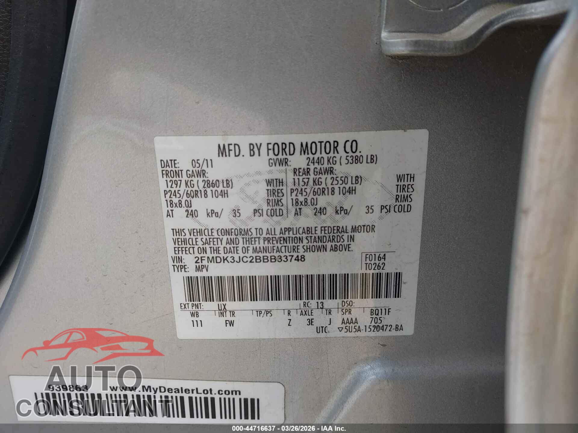 FORD EDGE 2011 - 2FMDK3JC2BBB33748