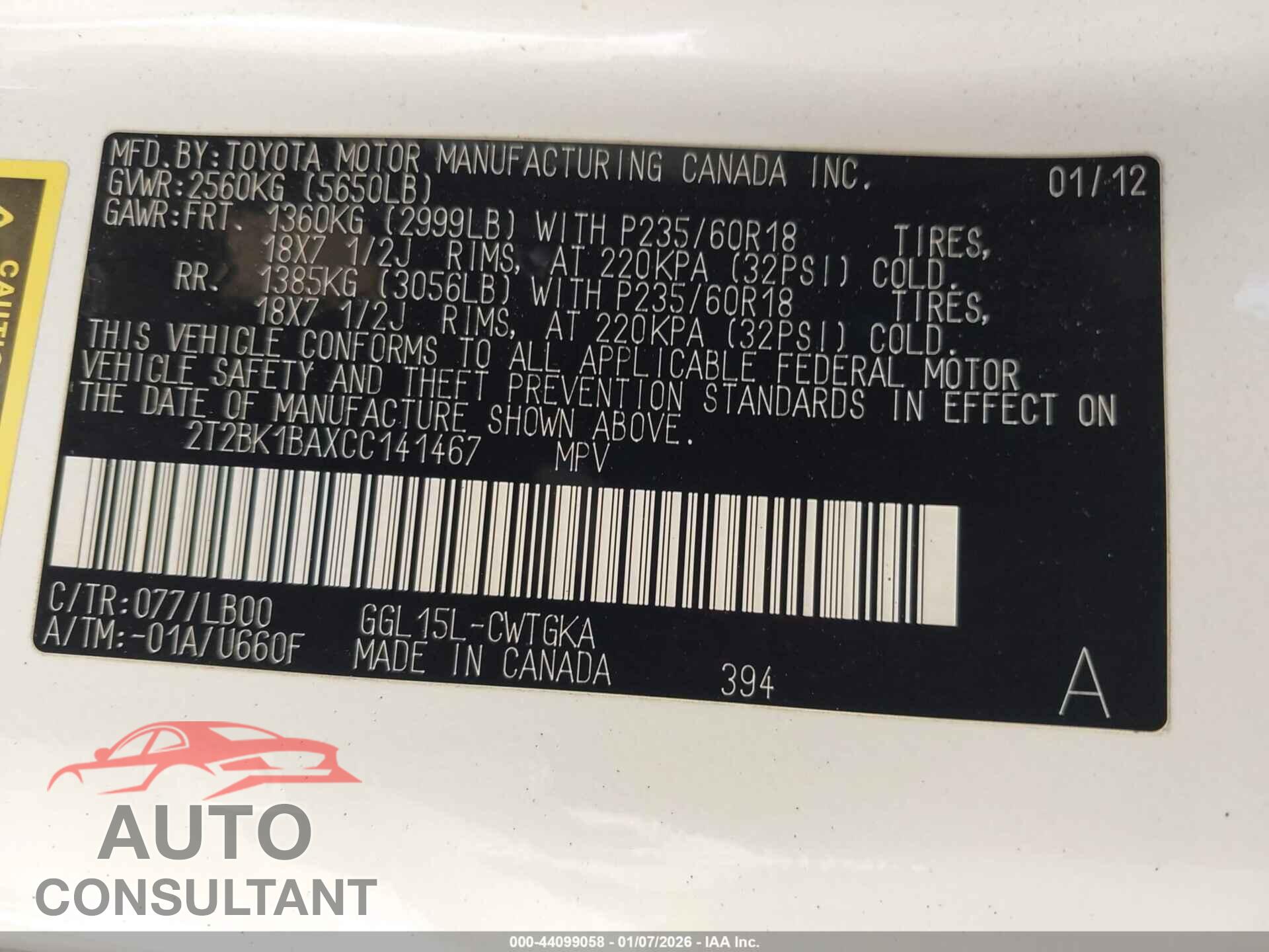 LEXUS RX 350 2012 - 2T2BK1BAXCC141467