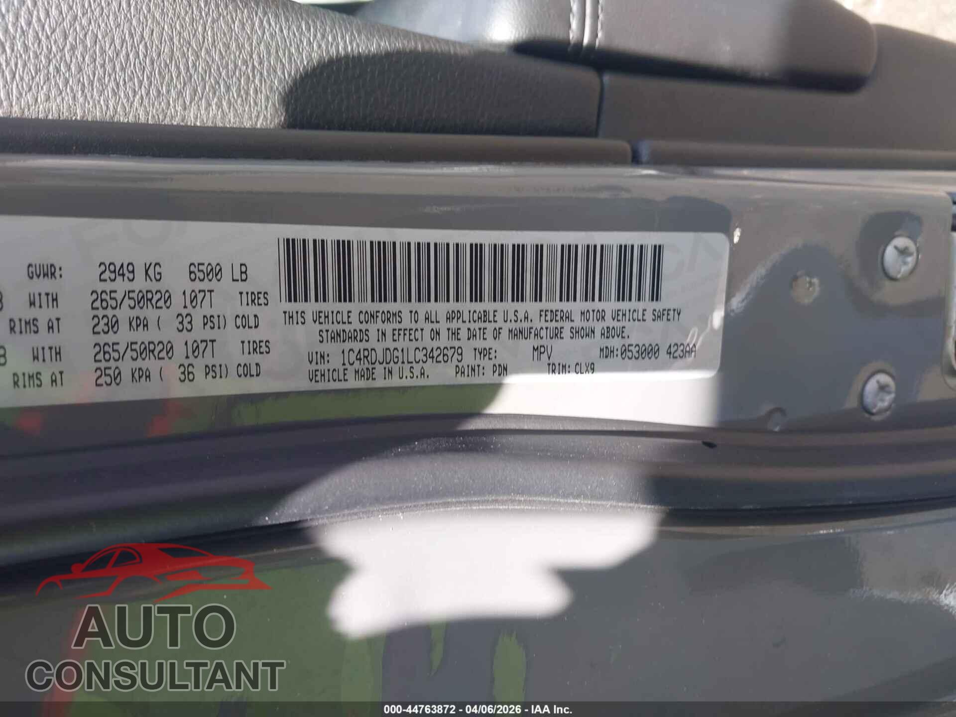 DODGE DURANGO 2020 - 1C4RDJDG1LC342679