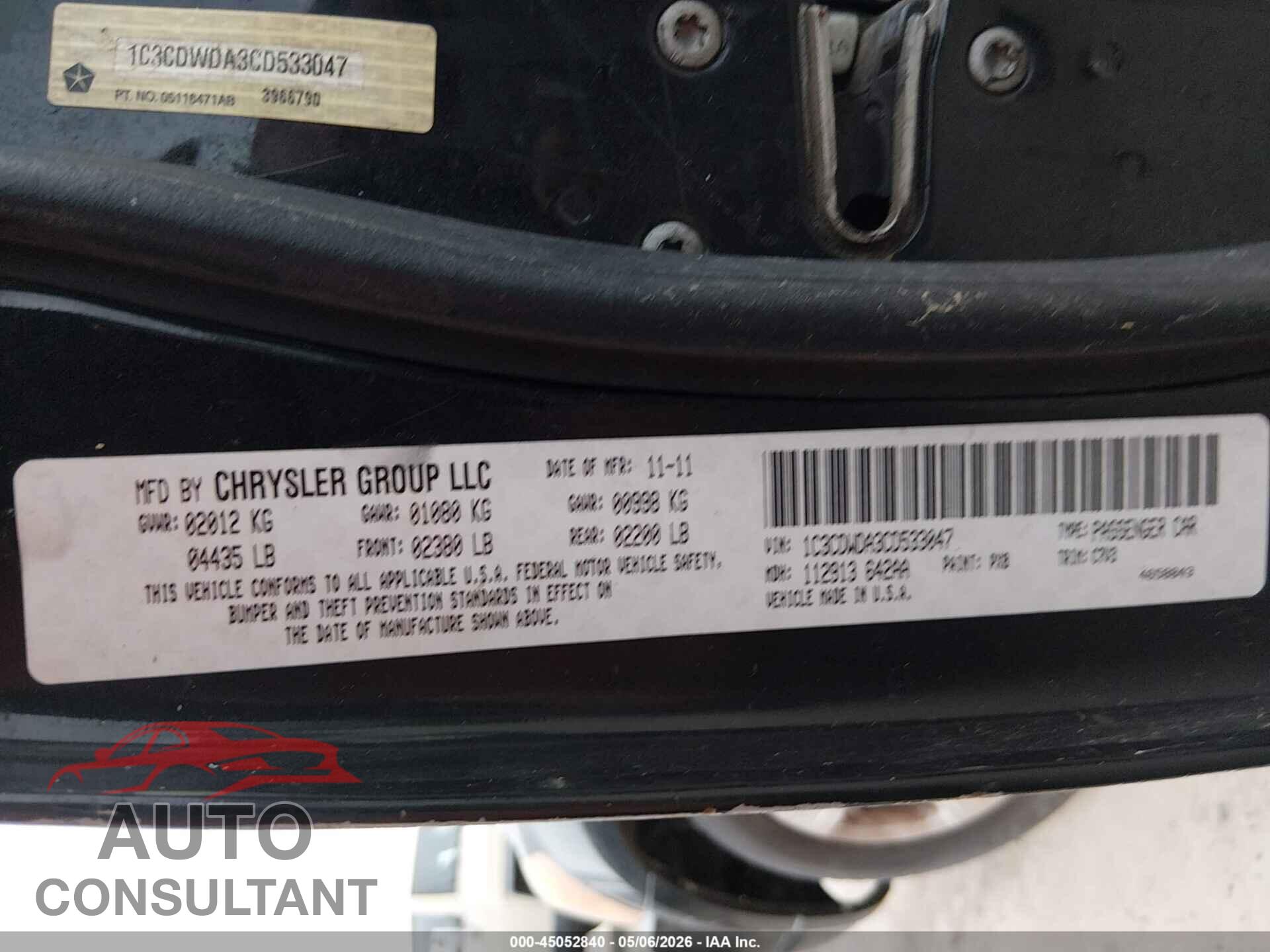 DODGE CALIBER 2012 - 1C3CDWDA3CD533047