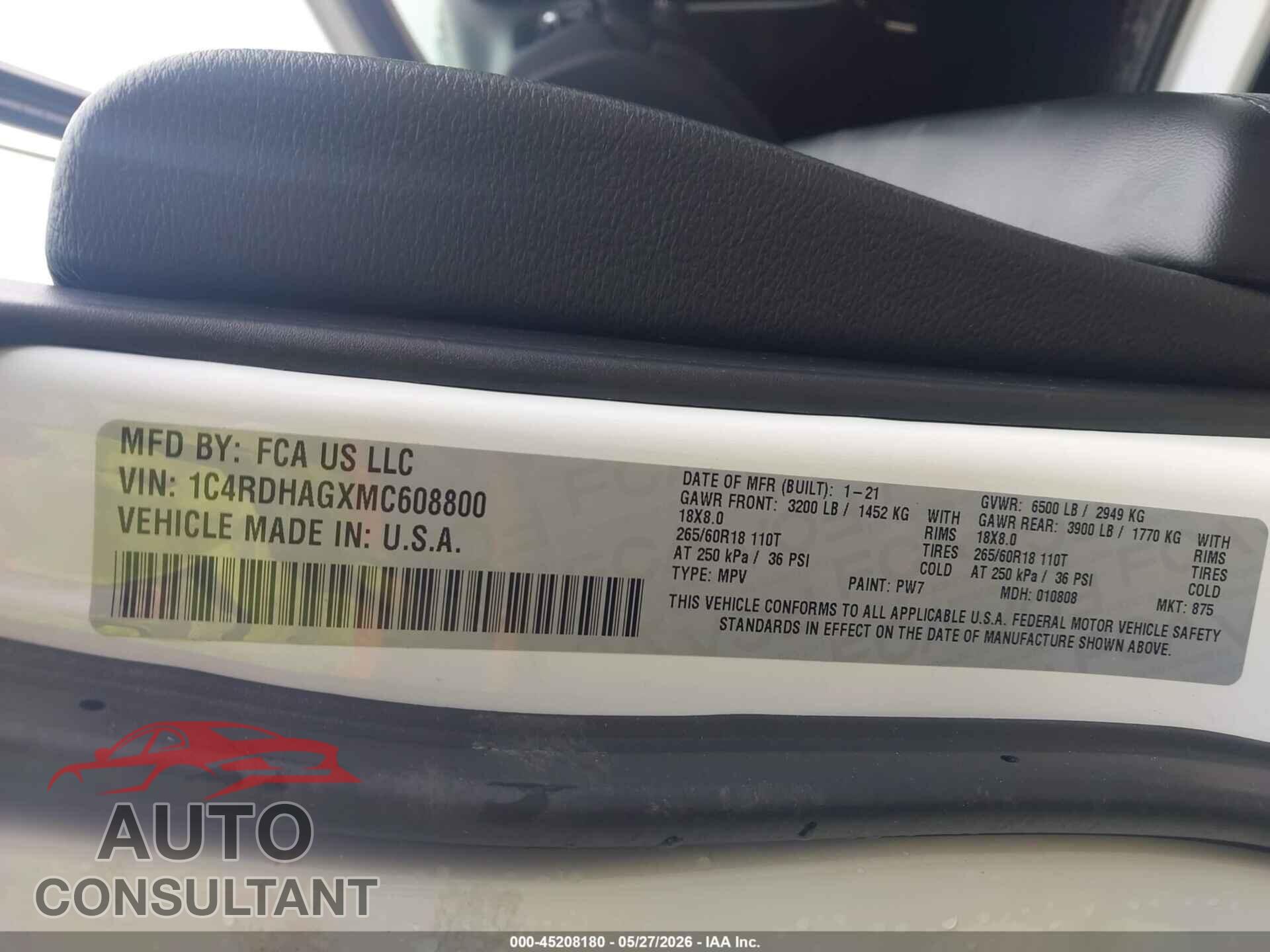DODGE DURANGO 2021 - 1C4RDHAGXMC608800