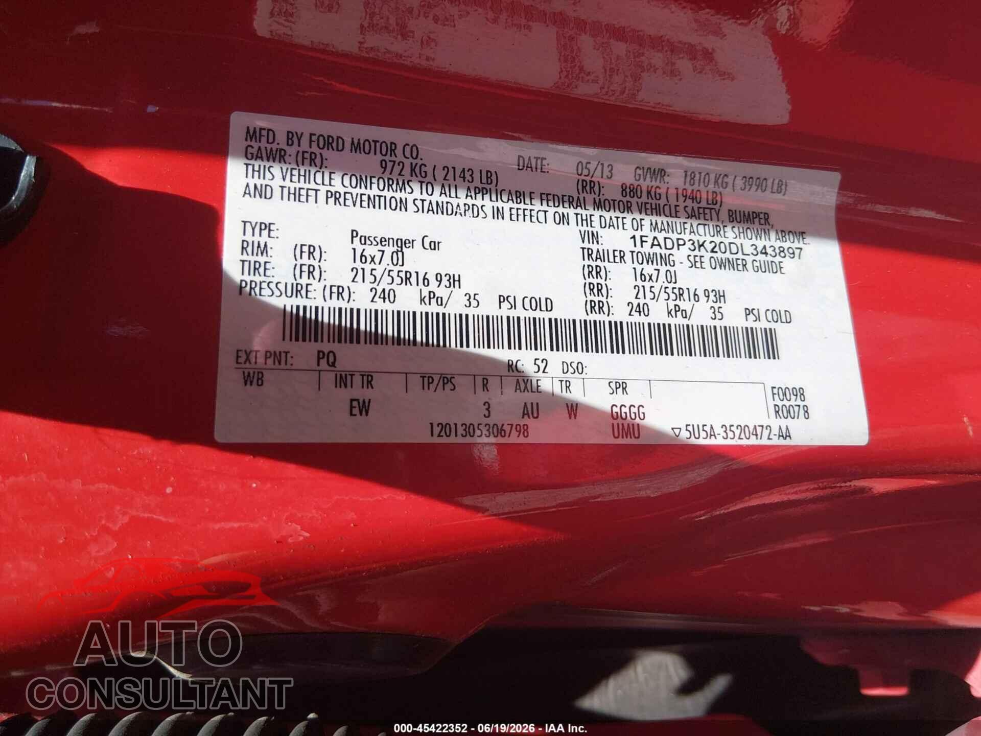 FORD FOCUS 2013 - 1FADP3K20DL343897