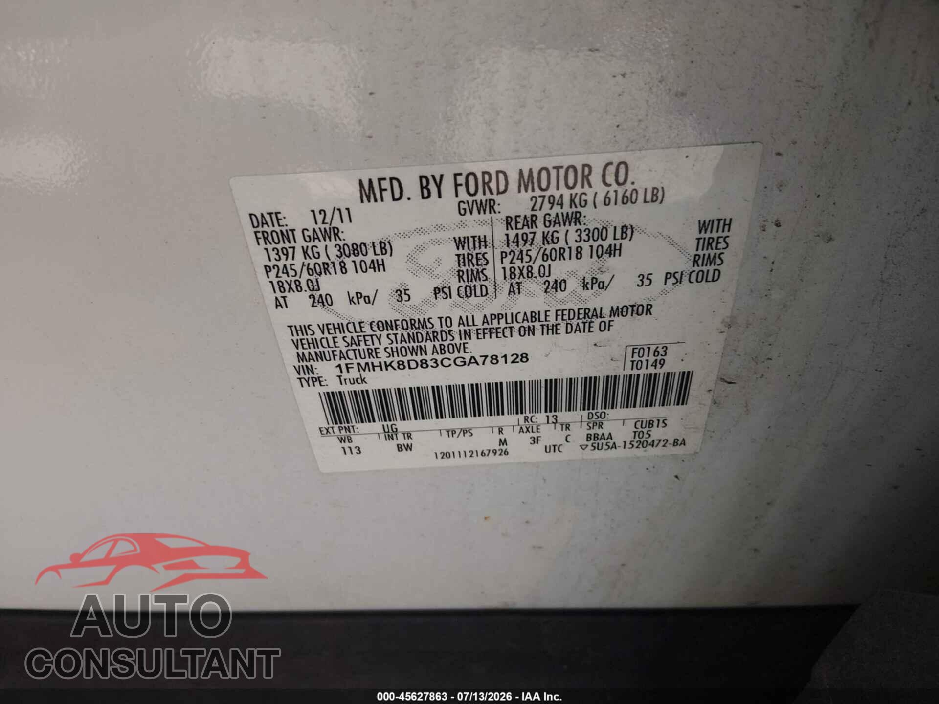 FORD EXPLORER 2012 - 1FMHK8D83CGA78128