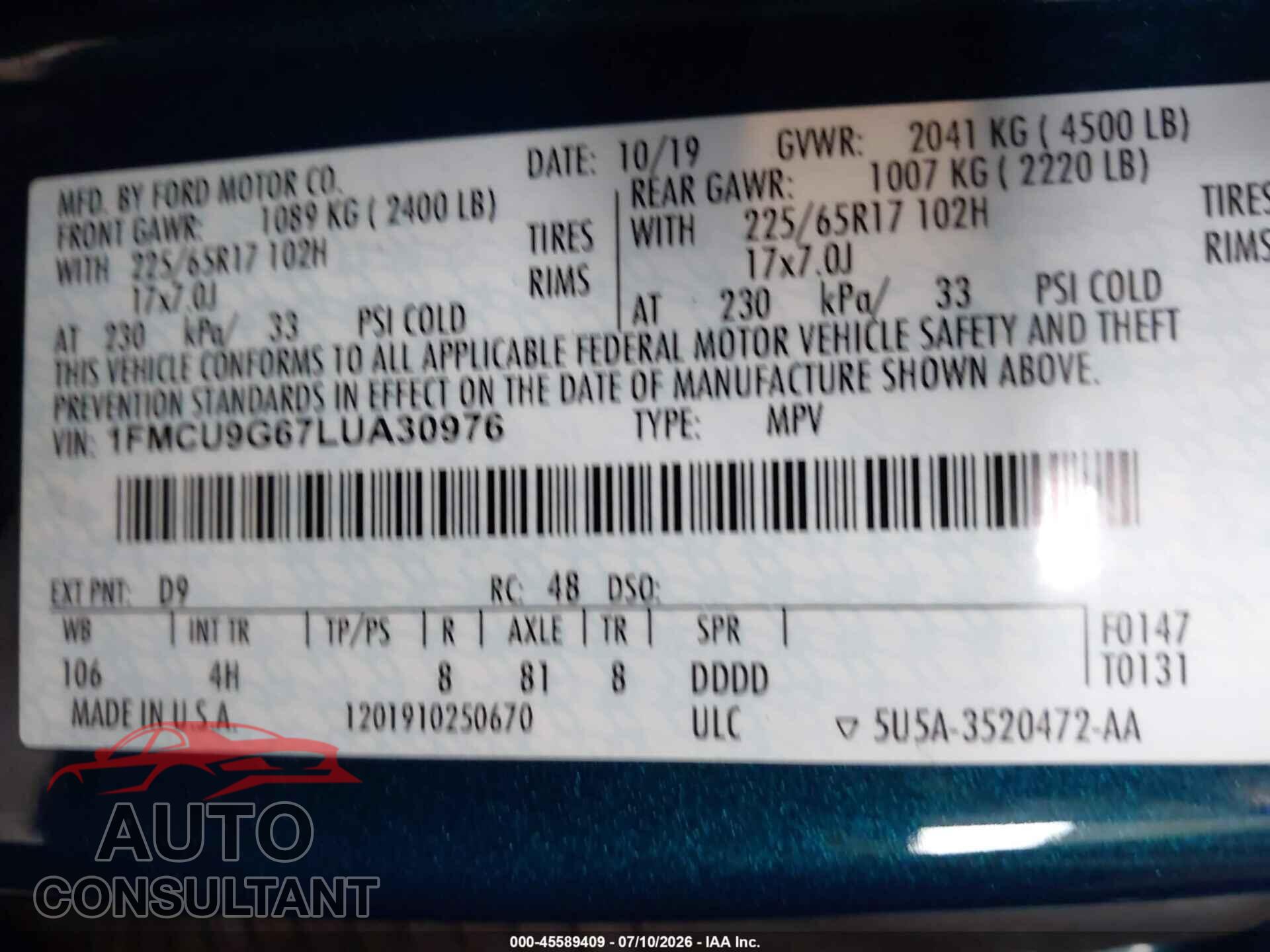 FORD ESCAPE 2020 - 1FMCU9G67LUA30976
