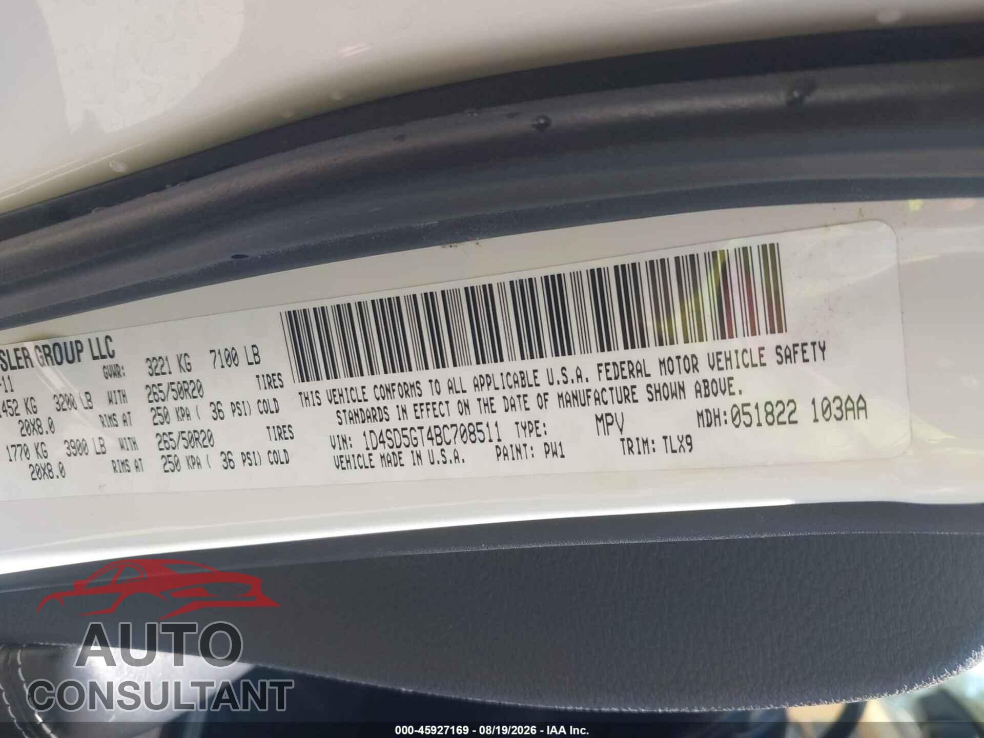 DODGE DURANGO 2011 - 1D4SD5GT4BC708511