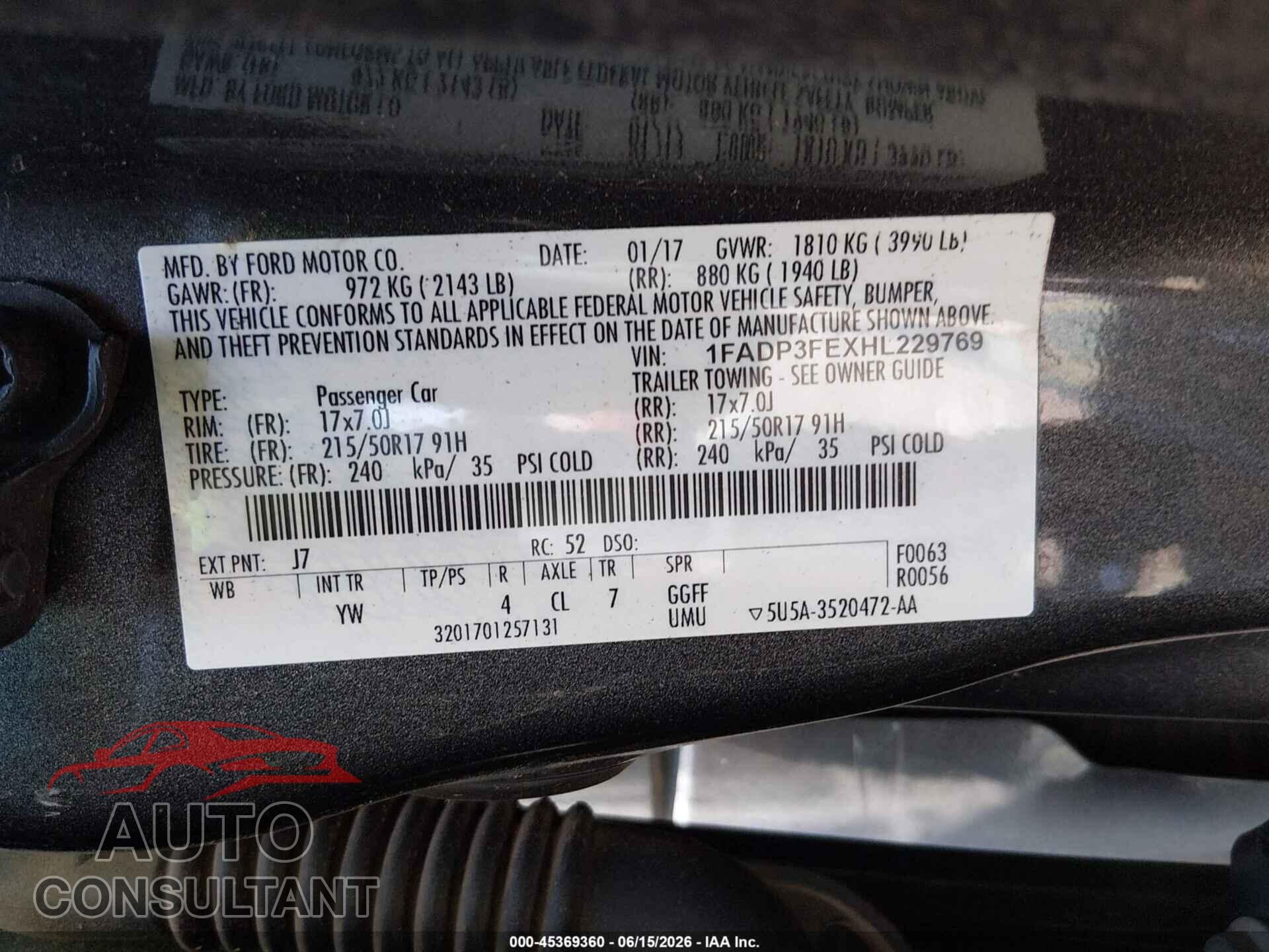 FORD FOCUS 2017 - 1FADP3FEXHL229769