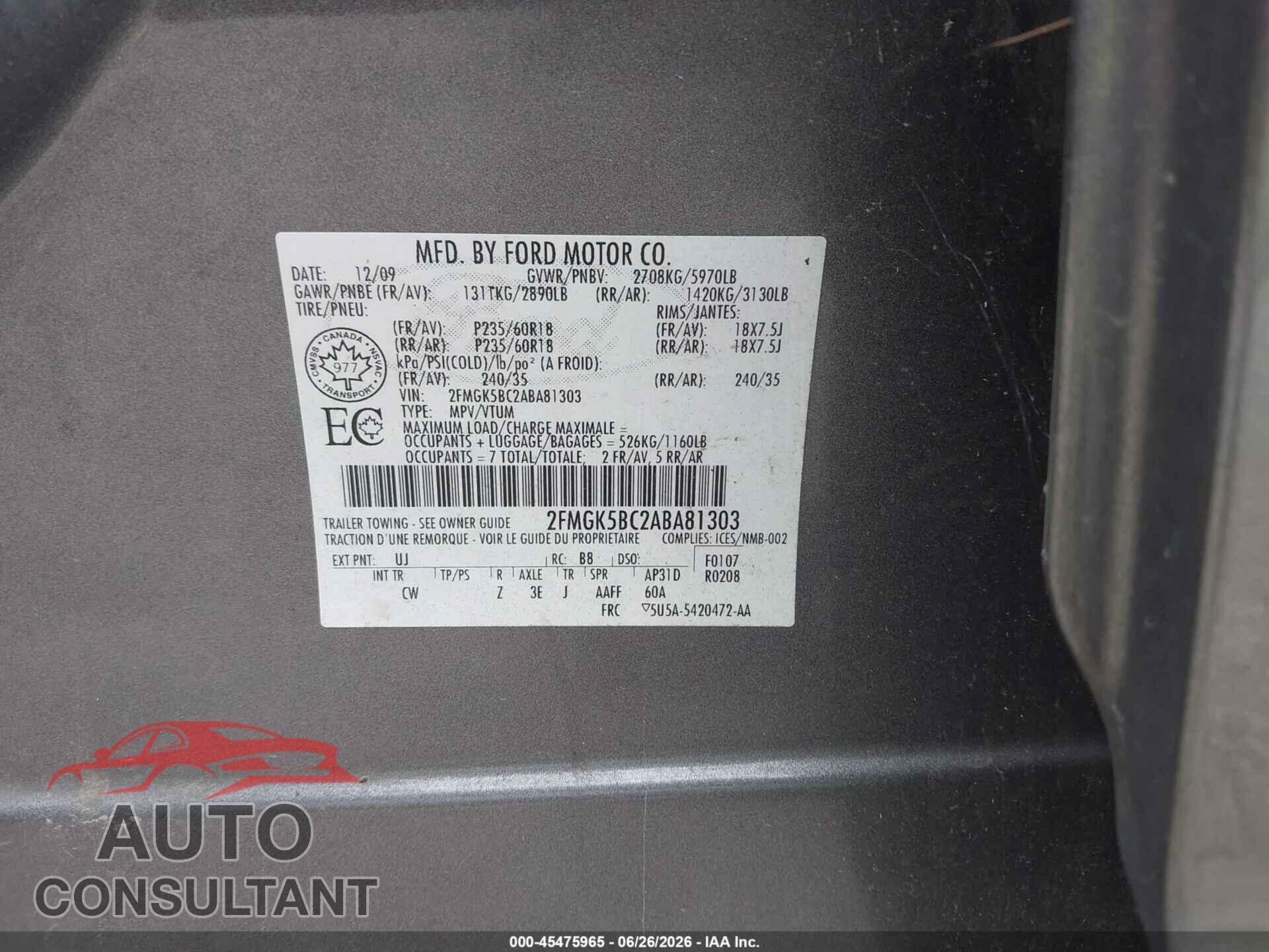 FORD FLEX 2010 - 2FMGK5BC2ABA81303