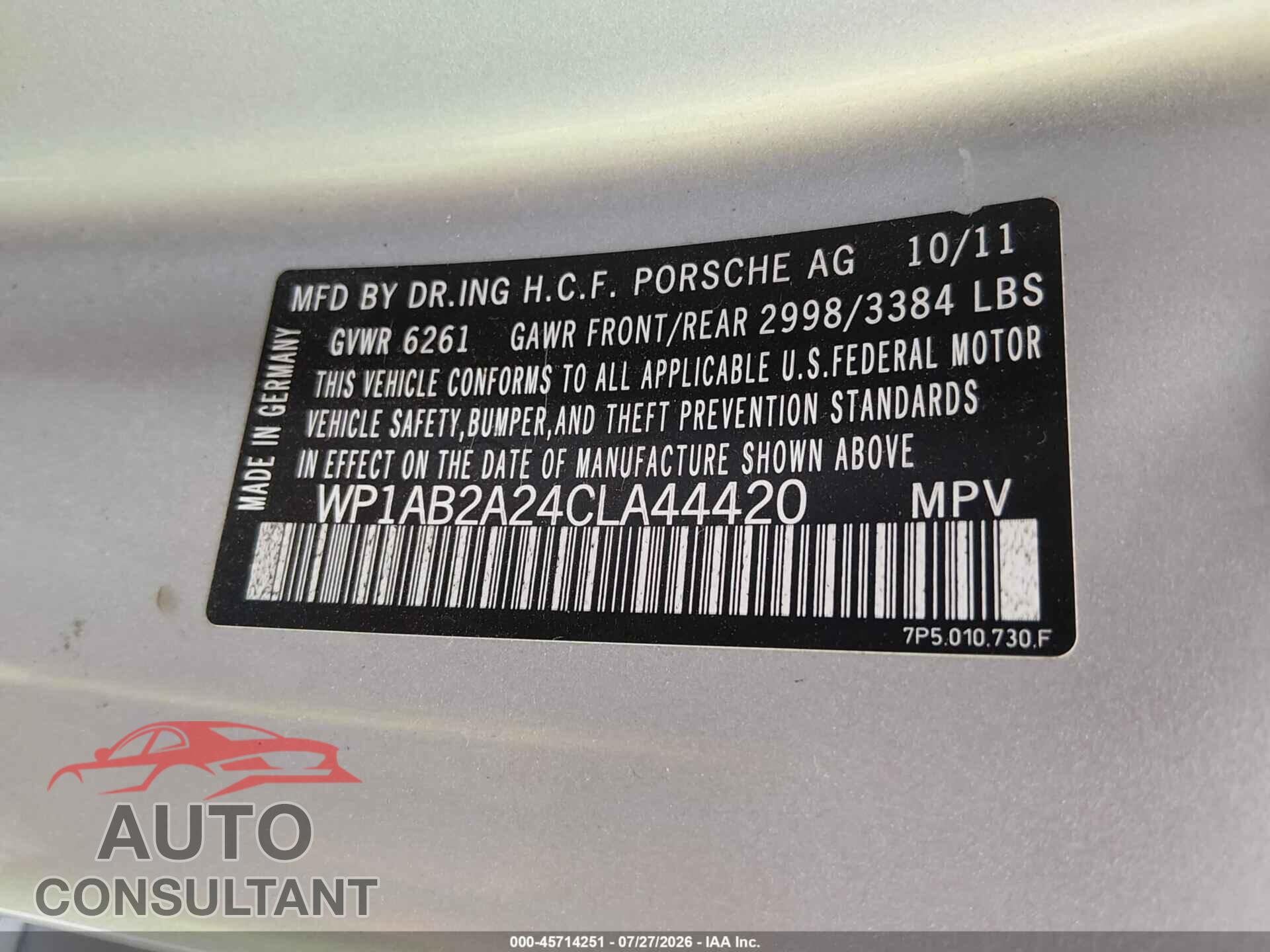 PORSCHE CAYENNE 2012 - WP1AB2A24CLA44420