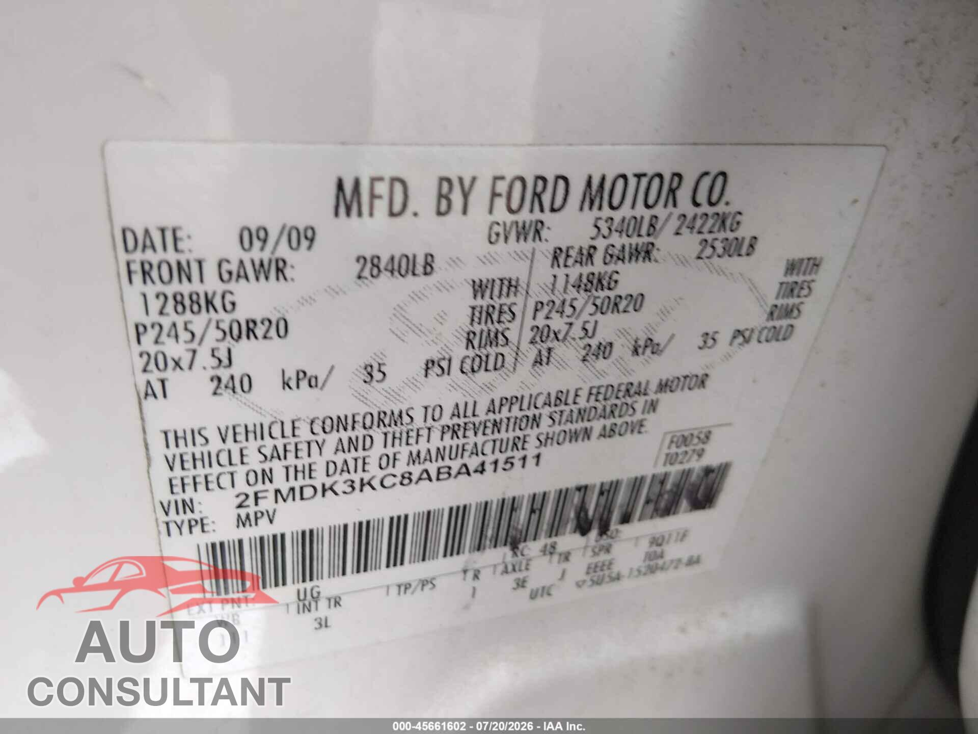 FORD EDGE 2010 - 2FMDK3KC8ABA41511