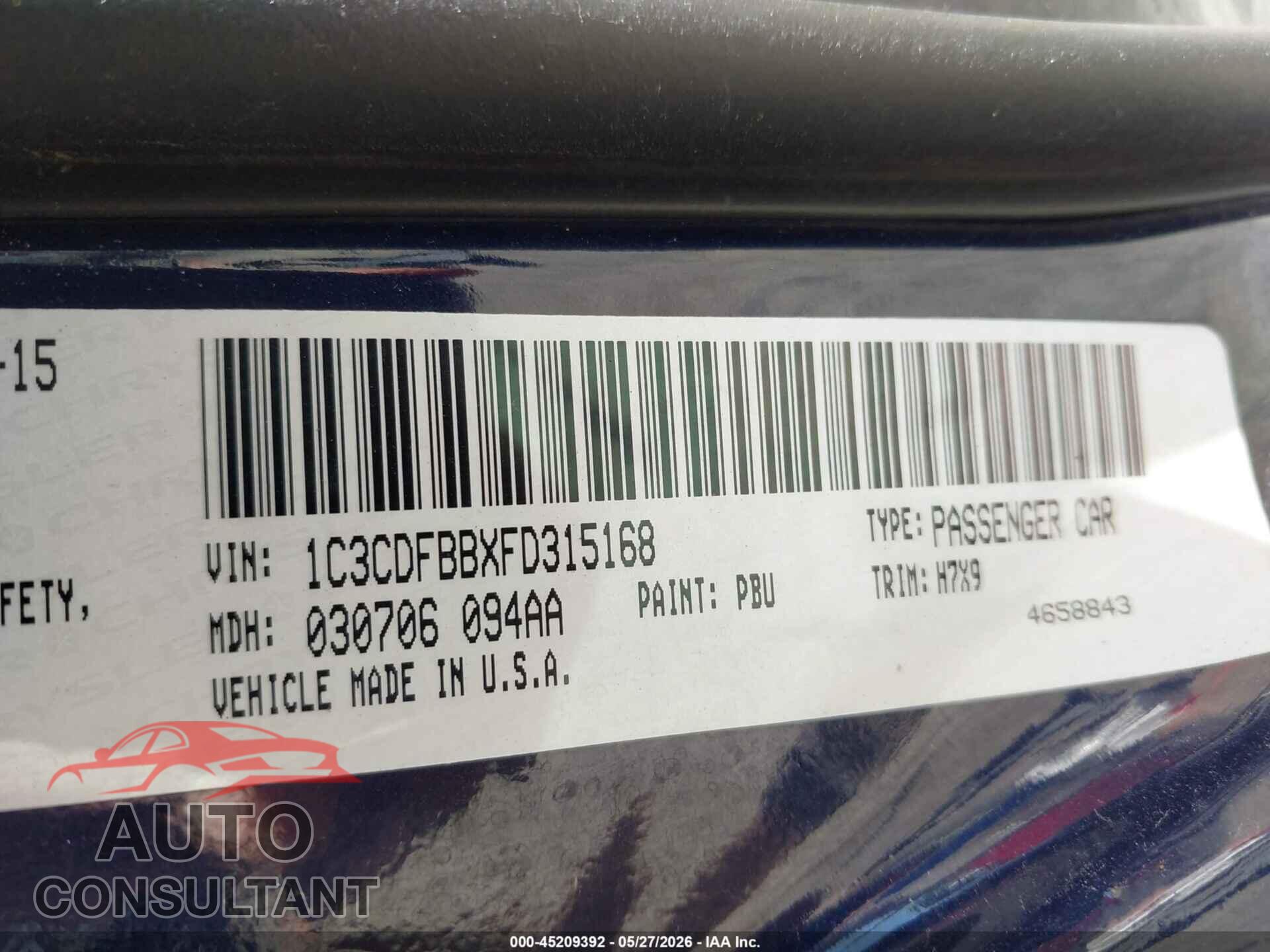 DODGE DART 2015 - 1C3CDFBBXFD315168