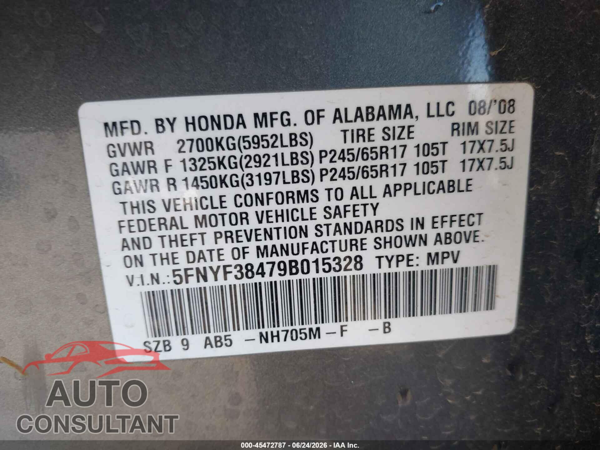 HONDA PILOT 2009 - 5FNYF38479B015328