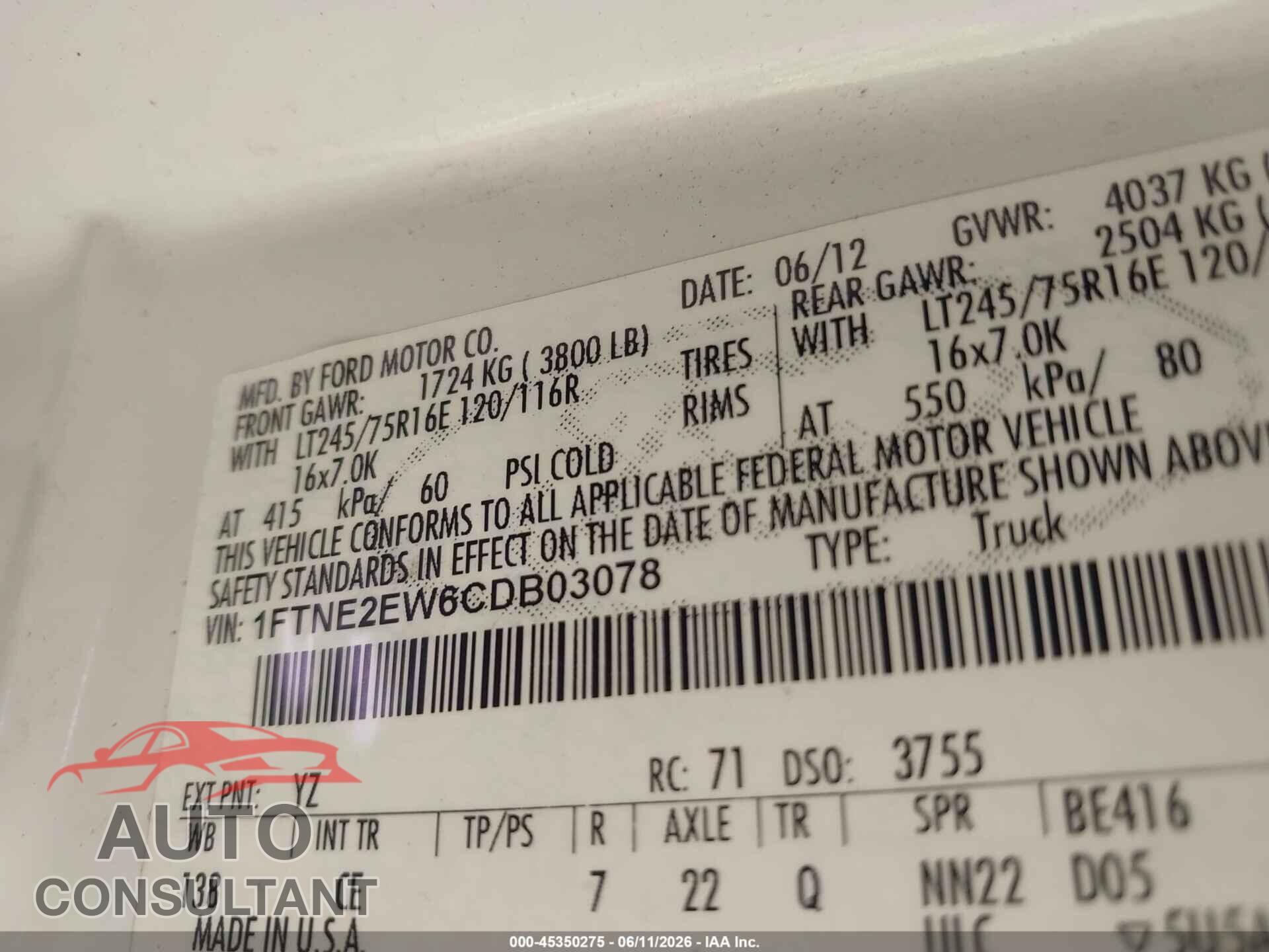 FORD E-250 2012 - 1FTNE2EW6CDB03078