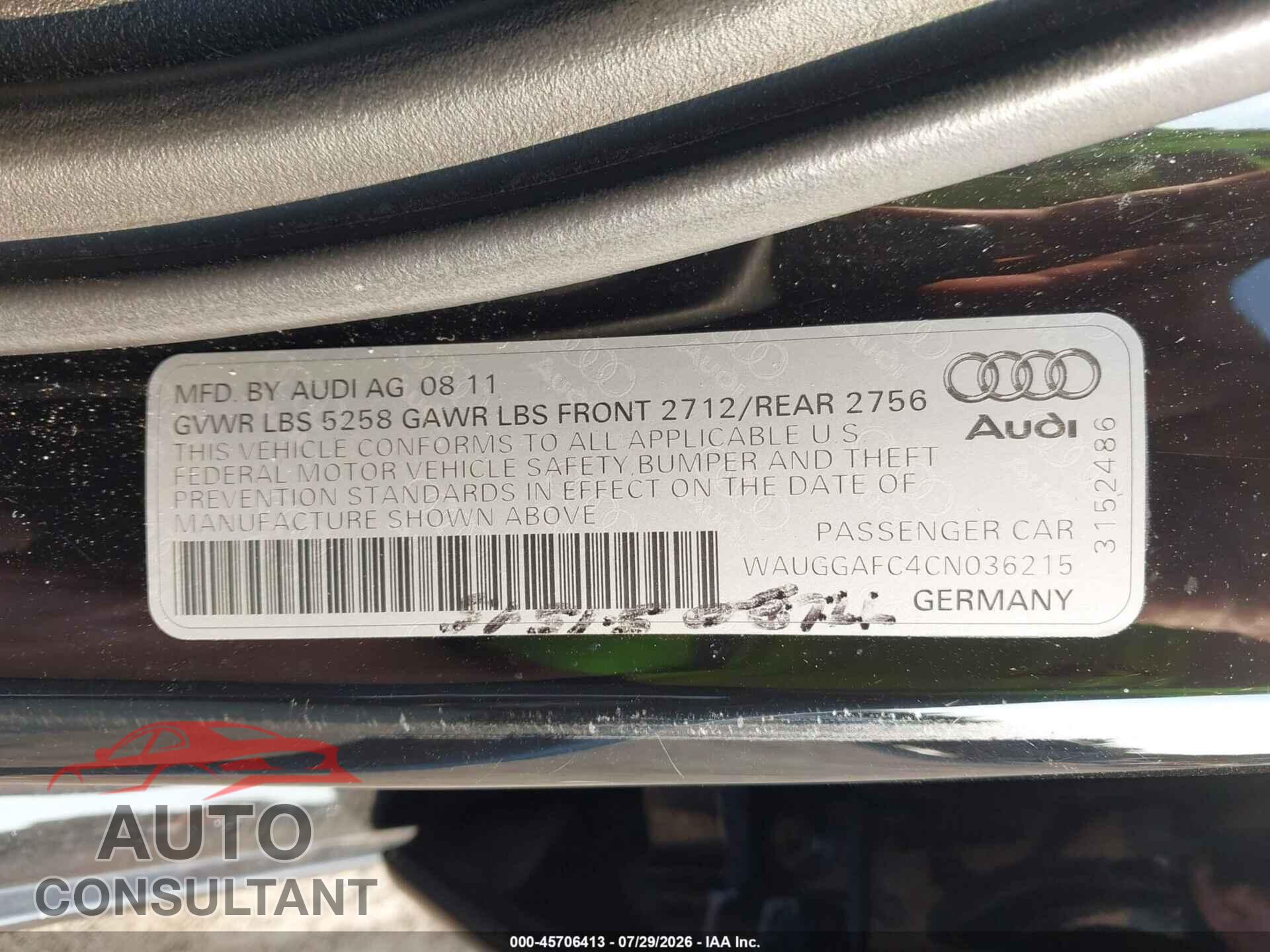 AUDI A6 2012 - WAUGGAFC4CN036215