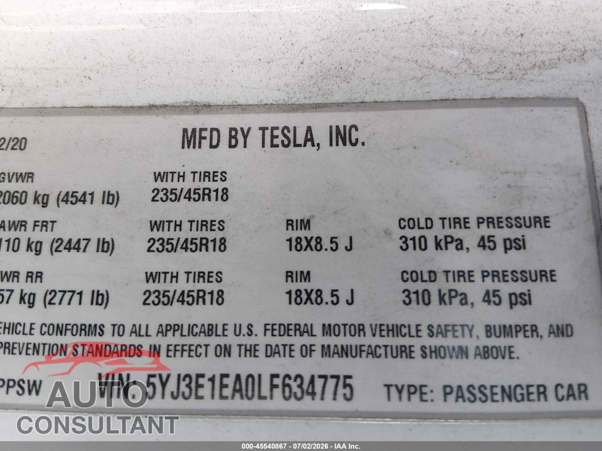 TESLA MODEL 3 2020 - 5YJ3E1EA0LF634775