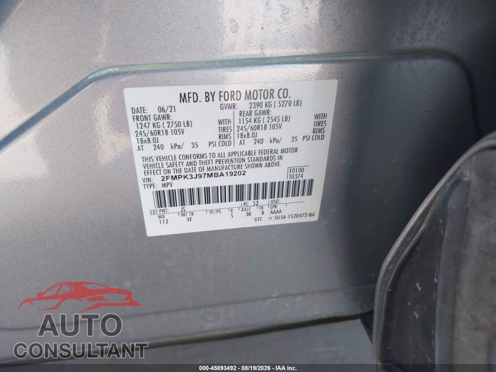 FORD EDGE 2021 - 2FMPK3J97MBA19202
