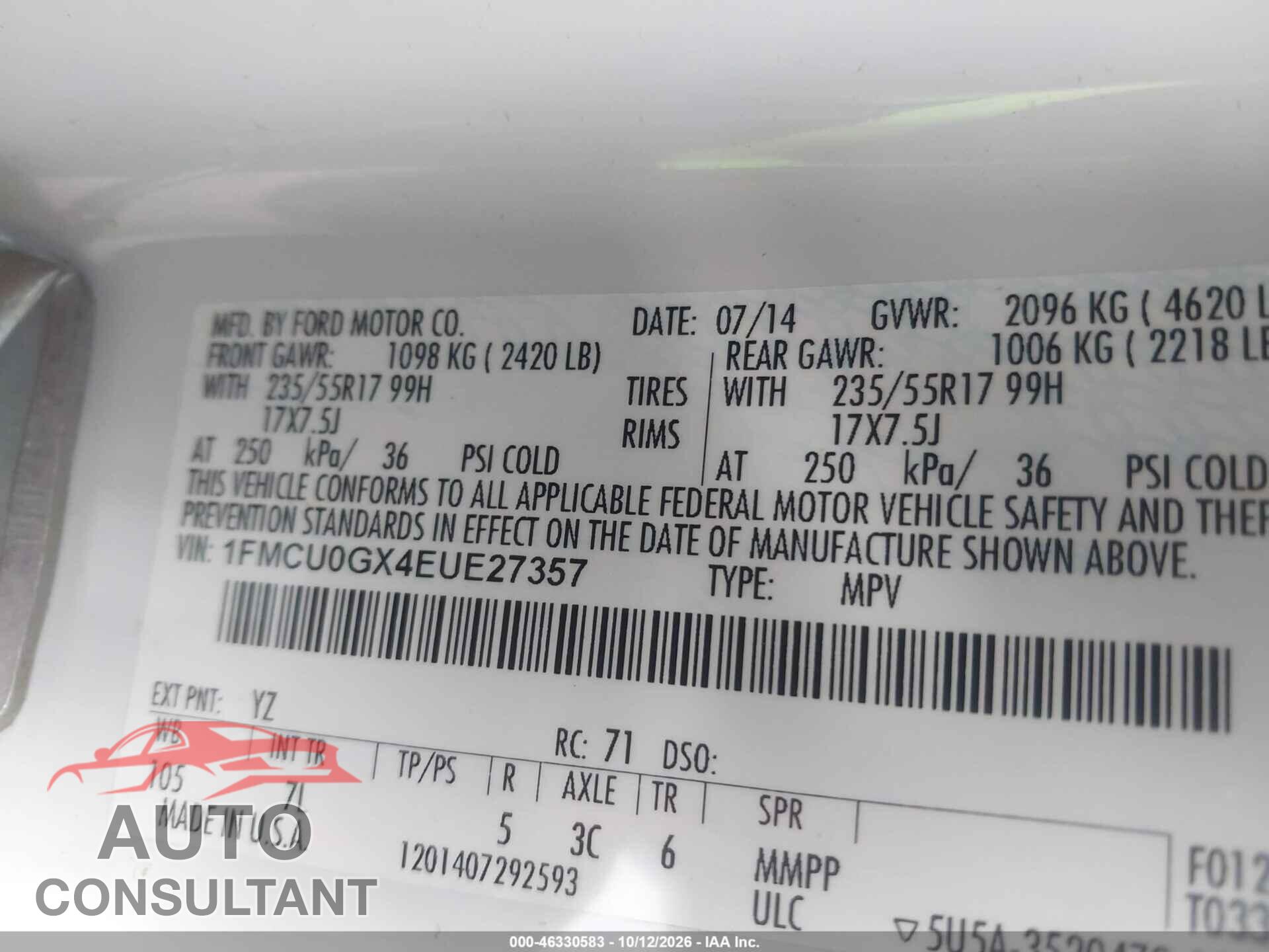 FORD ESCAPE 2014 - 1FMCU0GX4EUE27357