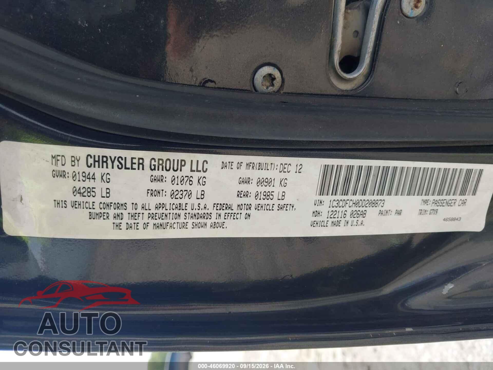 DODGE DART 2013 - 1C3CDFCH0DD208873