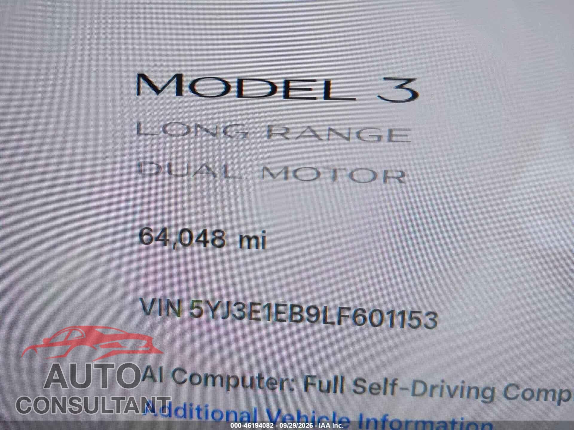 TESLA MODEL 3 2020 - 5YJ3E1EB9LF601153