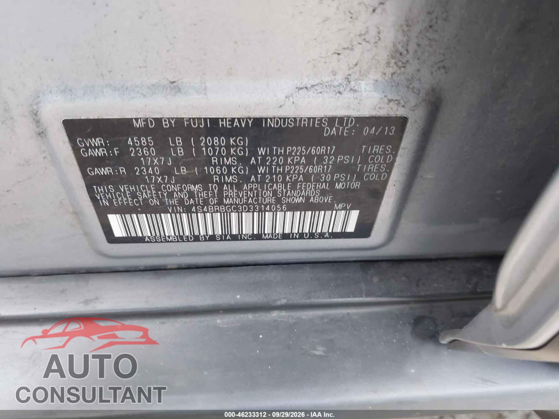 SUBARU OUTBACK 2013 - 4S4BRBGC3D3314056