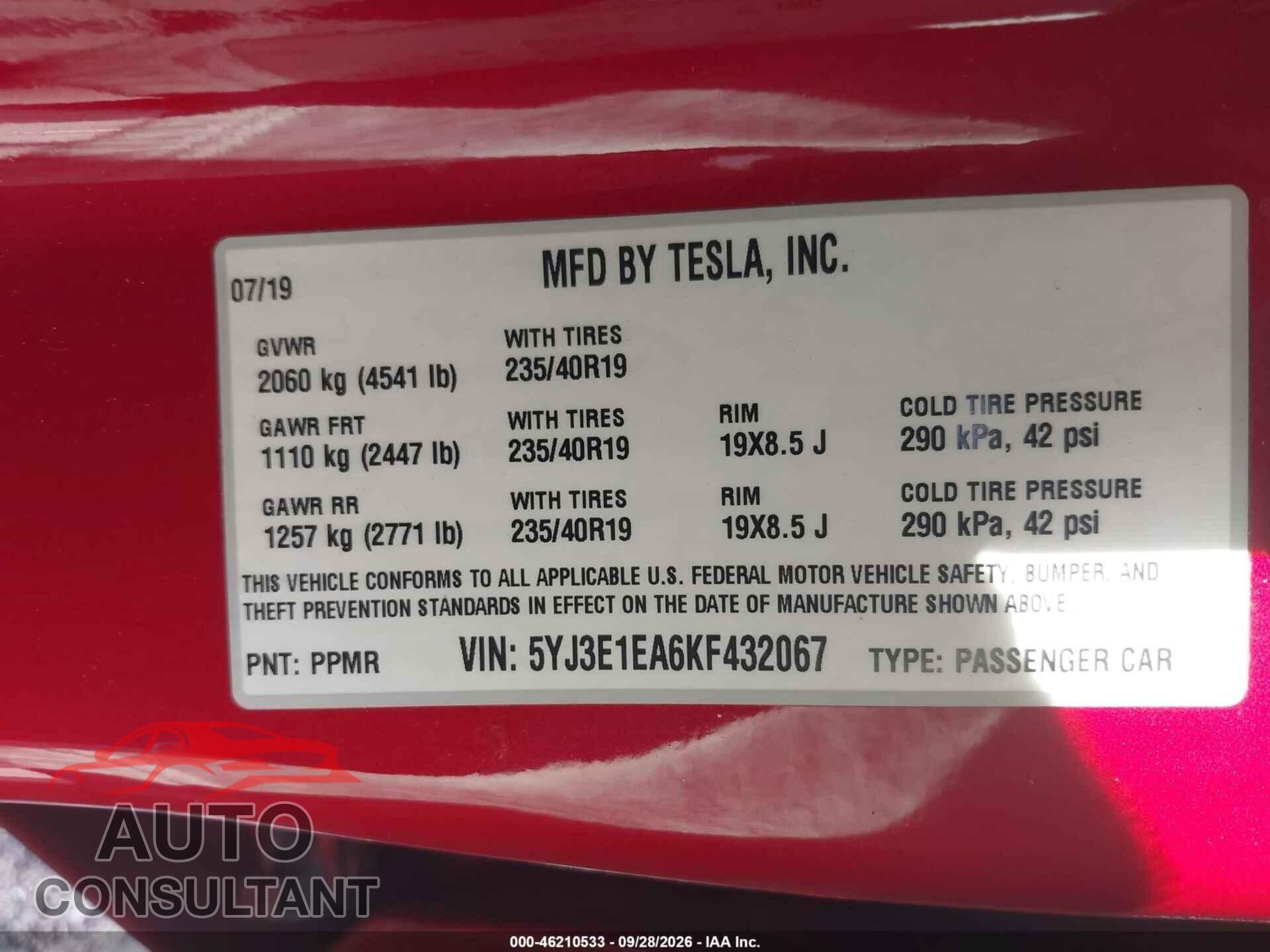 TESLA MODEL 3 2019 - 5YJ3E1EA6KF432067
