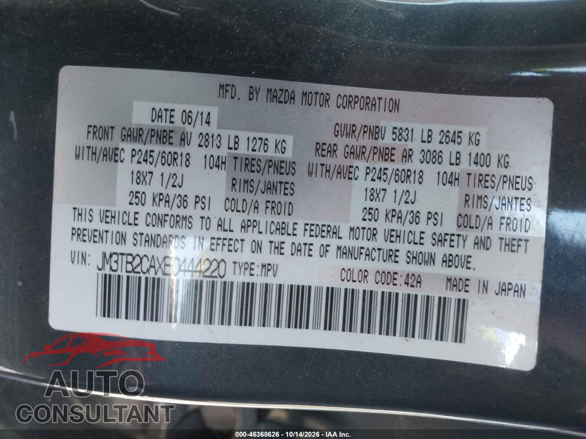 MAZDA CX-9 2014 - JM3TB2CAXE0444220