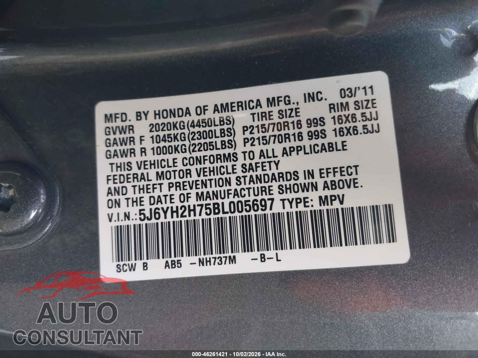 HONDA ELEMENT 2011 - 5J6YH2H75BL005697