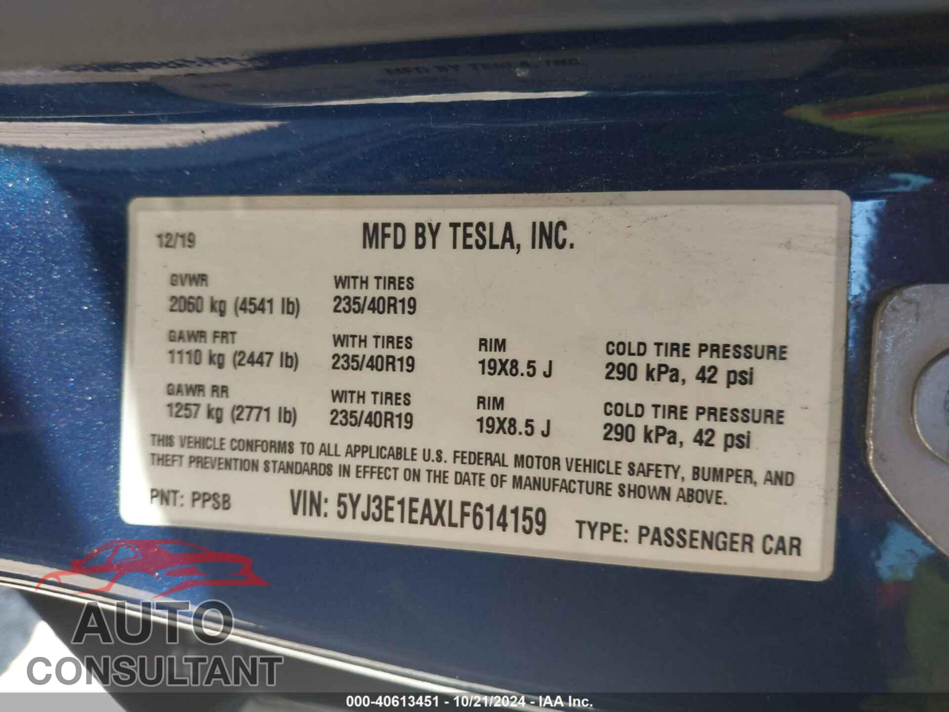 TESLA MODEL 3 2020 - 5YJ3E1EAXLF614159