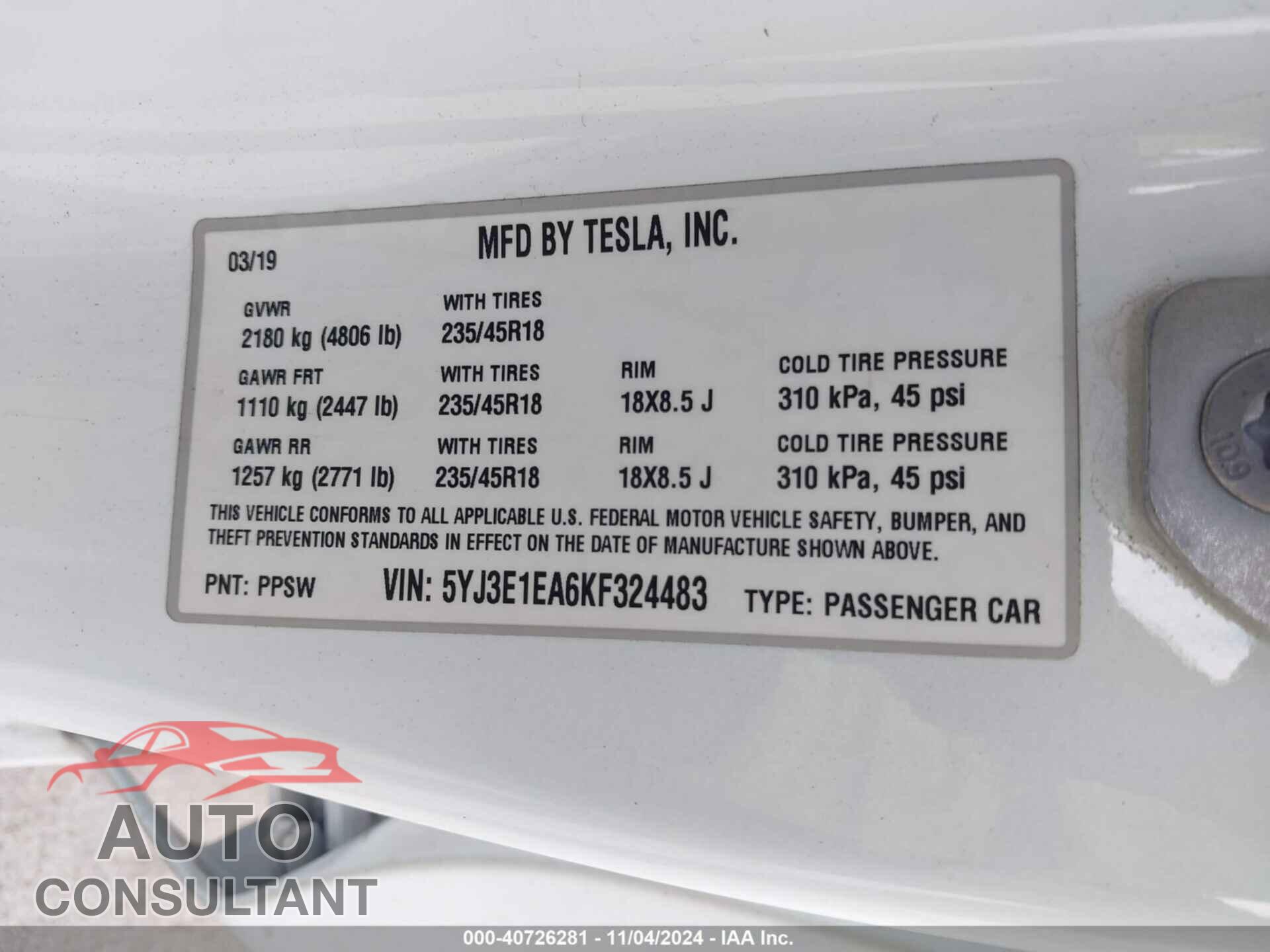 TESLA MODEL 3 2019 - 5YJ3E1EA6KF324483