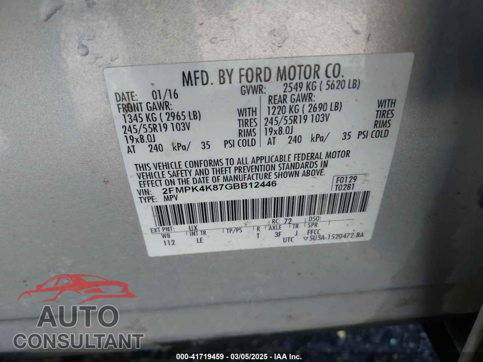 FORD EDGE 2016 - 2FMPK4K87GBB12446