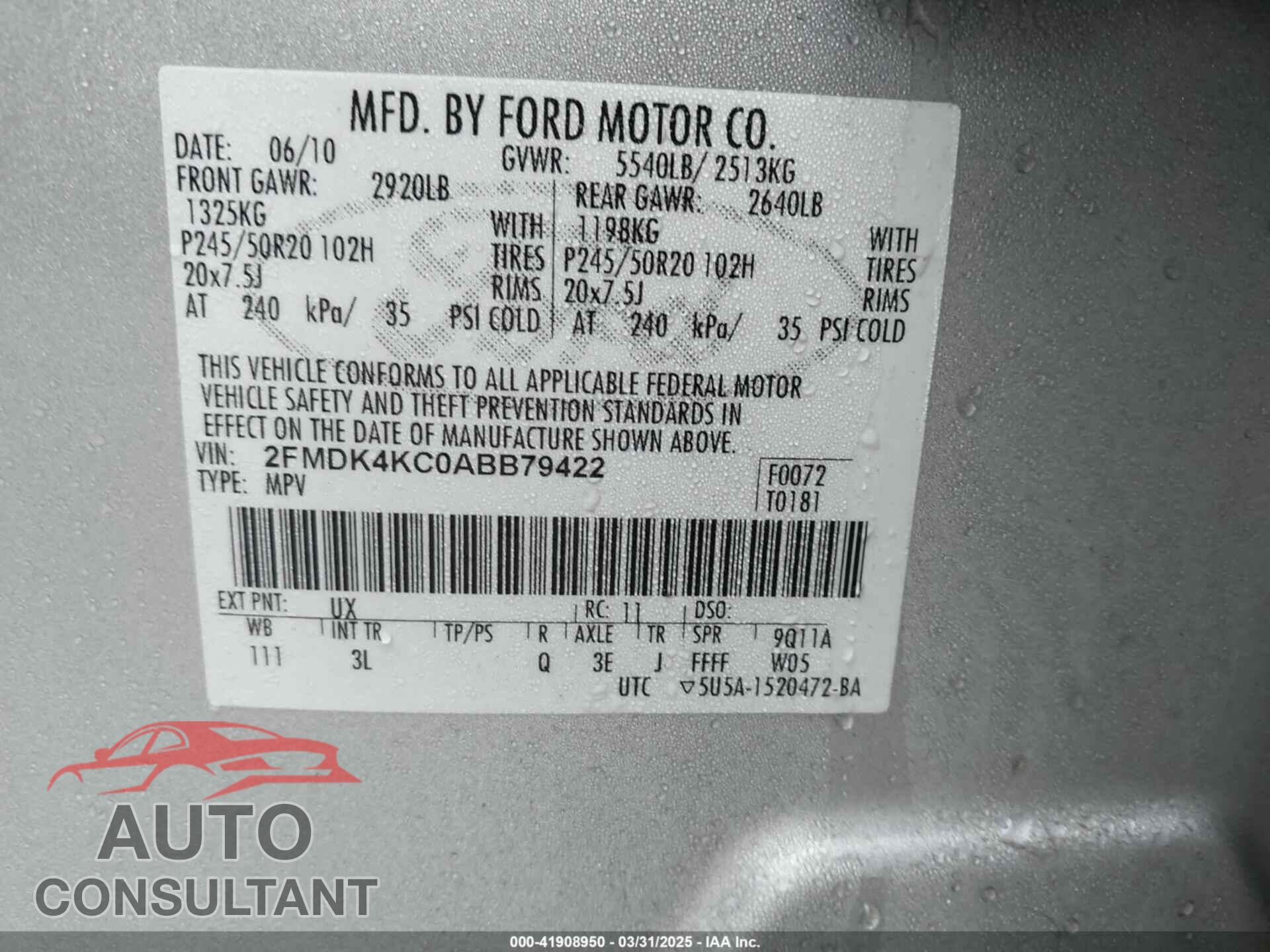FORD EDGE 2010 - 2FMDK4KC0ABB79422