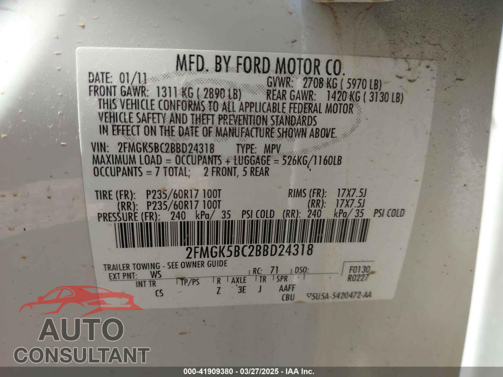 FORD FLEX 2011 - 2FMGK5BC2BBD24318