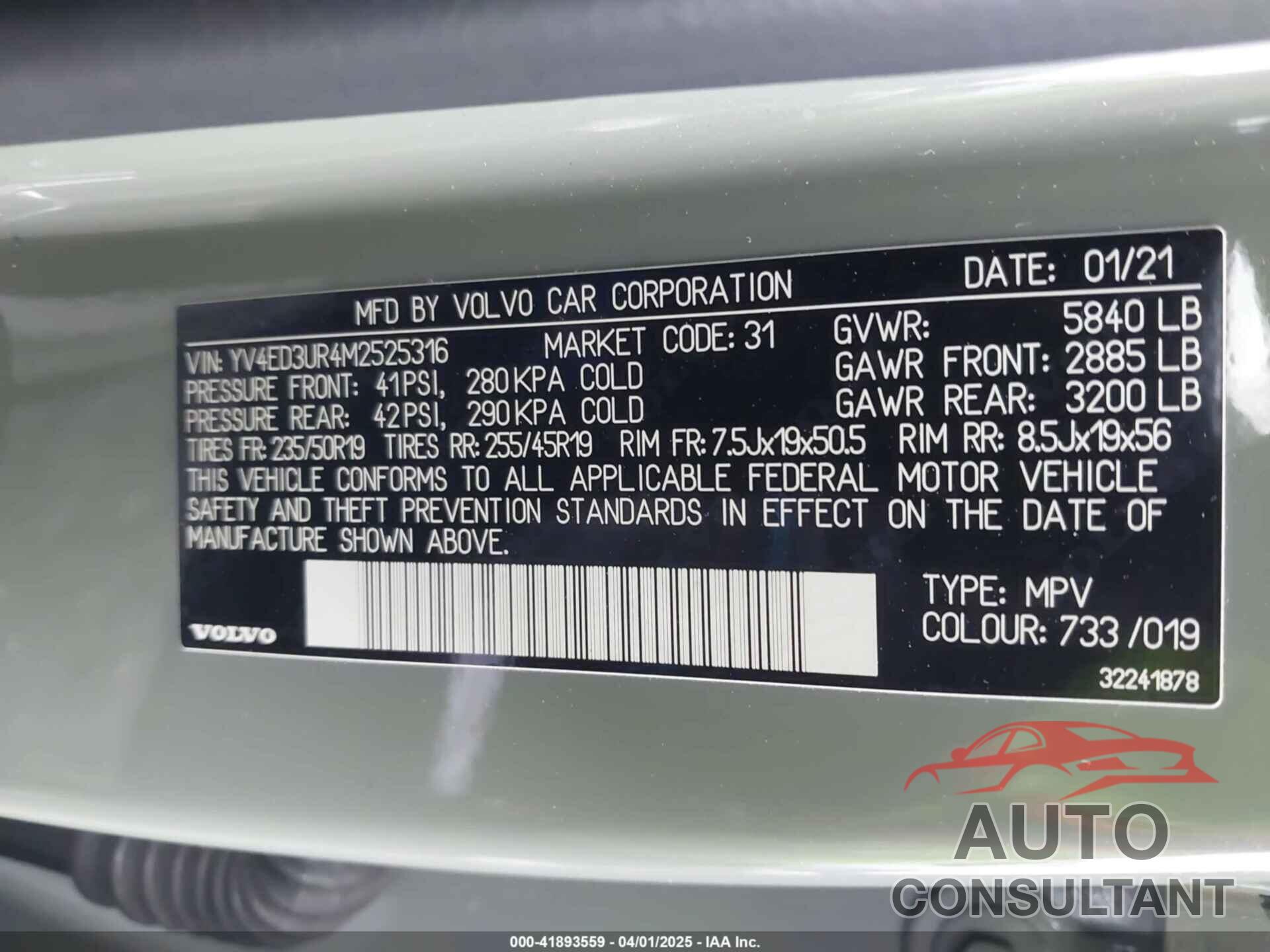 VOLVO XC40 RECHARGE PURE ELECTRIC 2021 - YV4ED3UR4M2525316