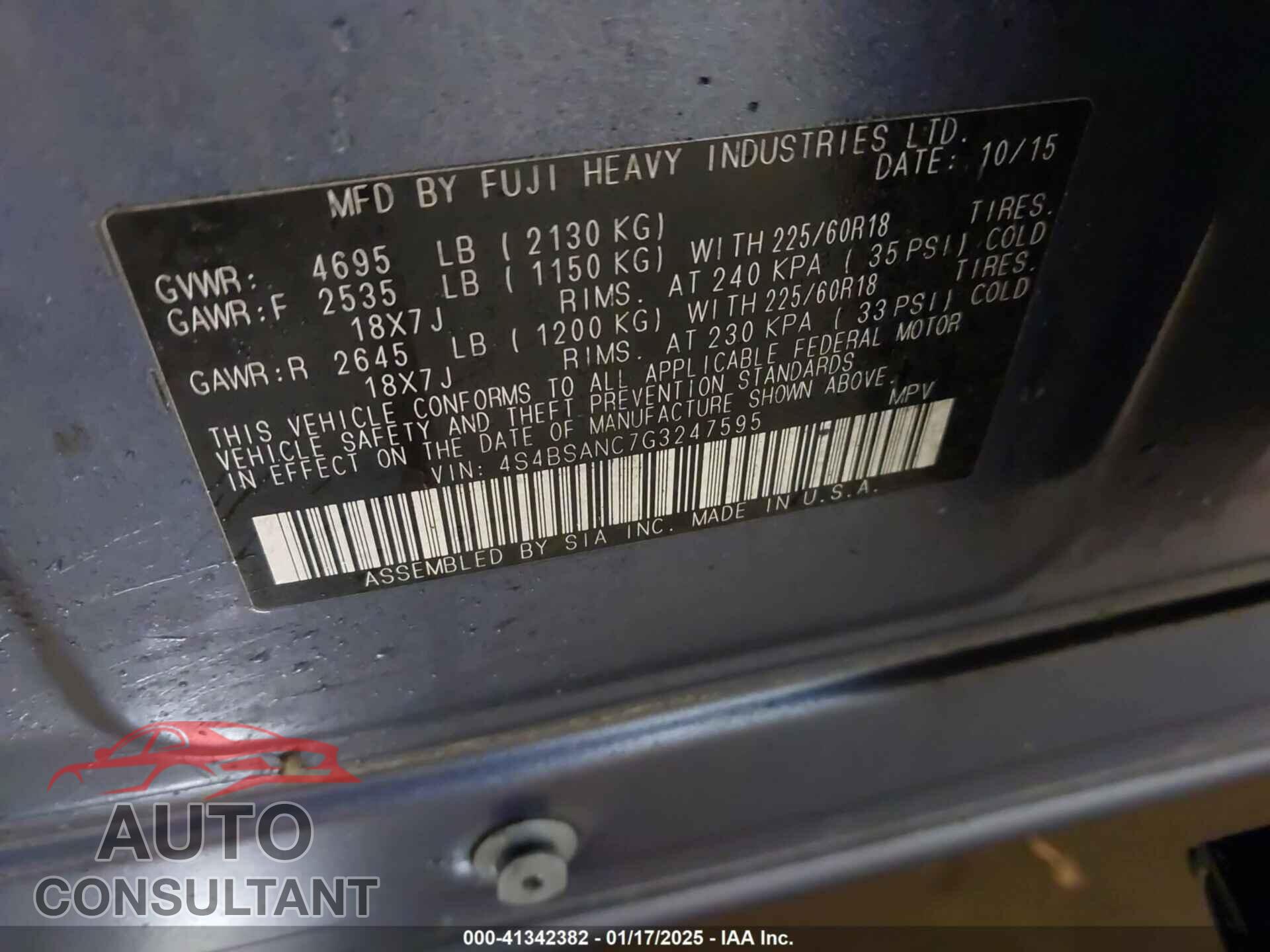 SUBARU OUTBACK 2016 - 4S4BSANC7G3247595