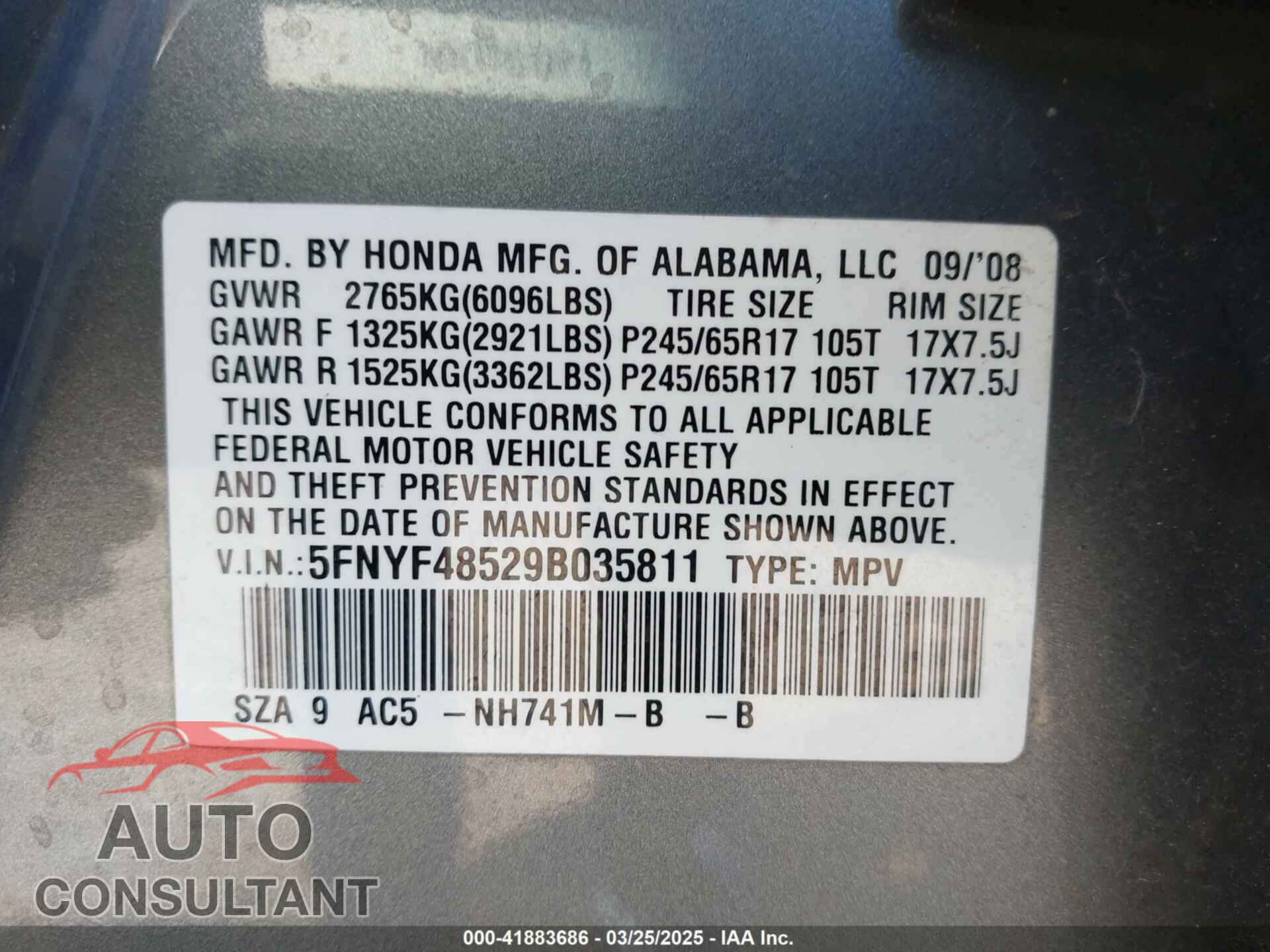 HONDA PILOT 2009 - 5FNYF48529B035811
