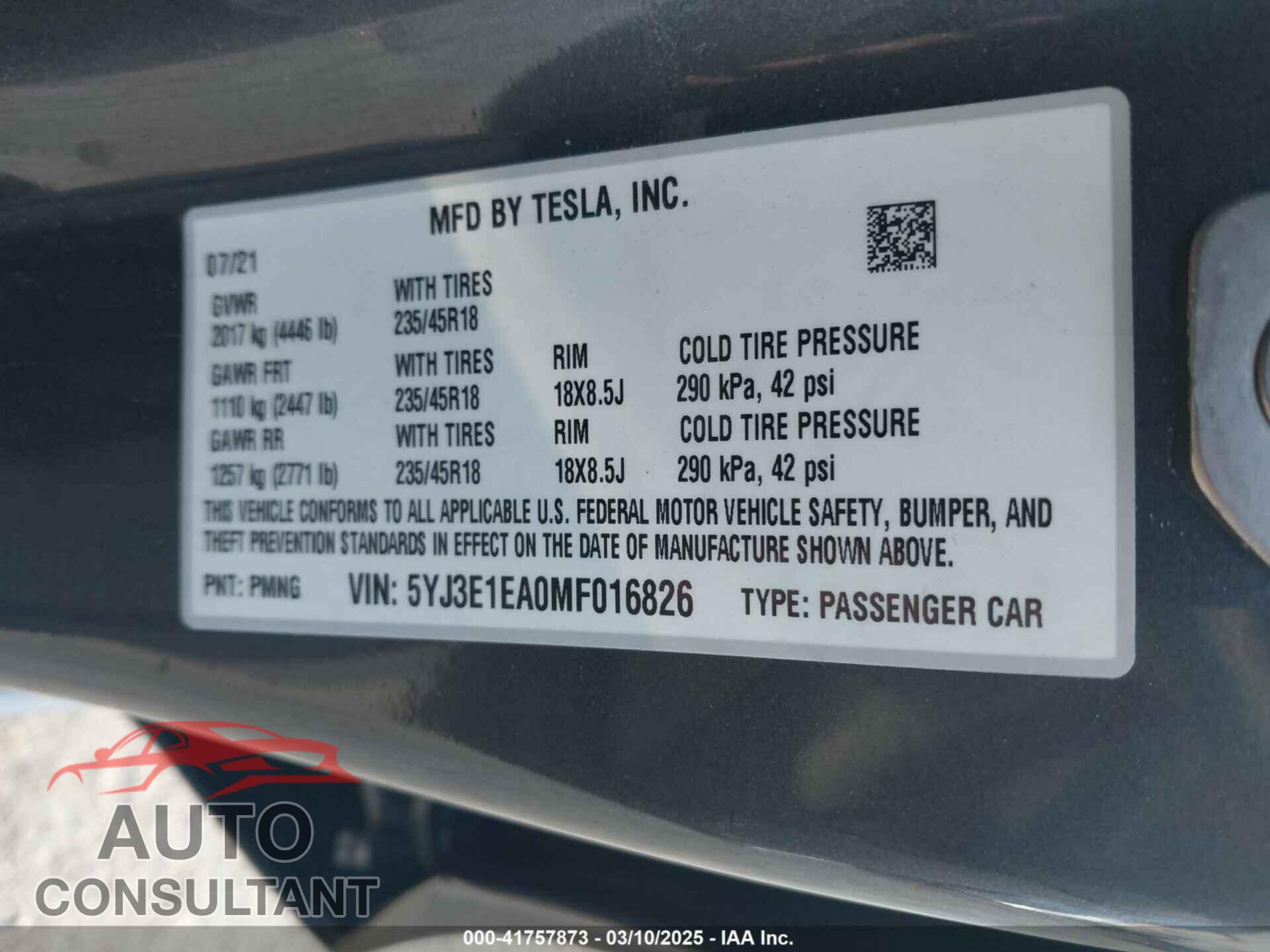 TESLA MODEL 3 2021 - 5YJ3E1EA0MF016826